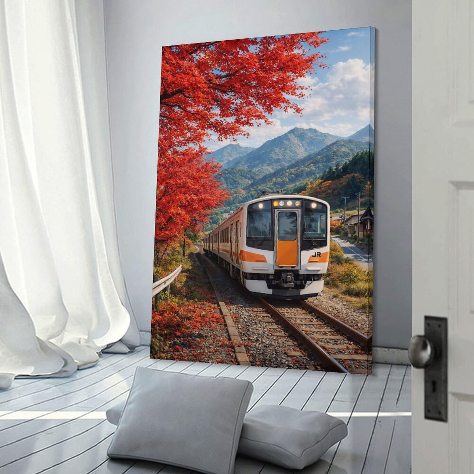 Junmoney Train Passing through Autumn Foliage Canvas Art Print 20x30inch(50x75cm), for Entrance Spaces, Stair Walls Or Halls, Wall Decor to Refresh Empty Corners