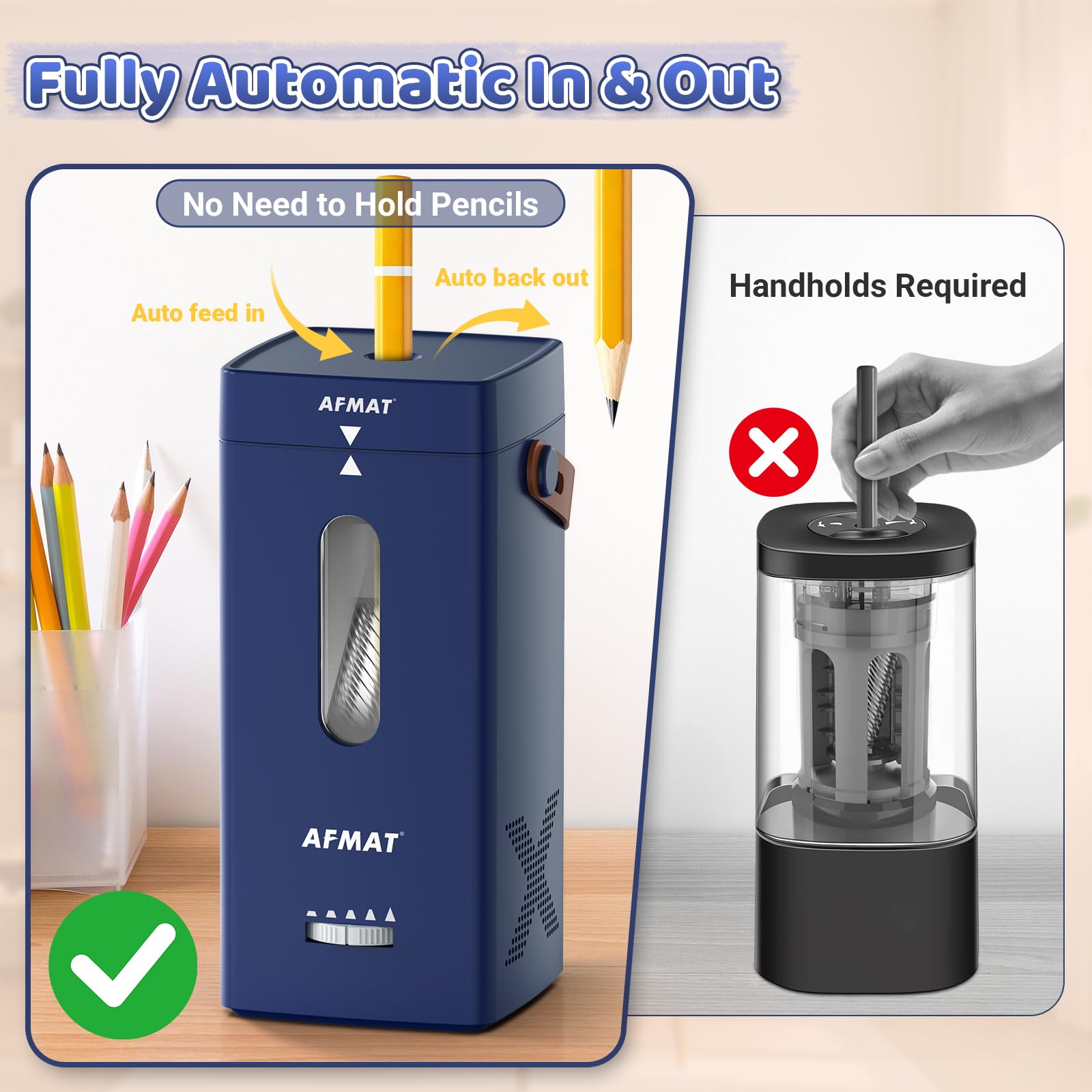 AFMAT Sacapuntas eléctrico, sacapuntas totalmente automático, entrada y salida automática, sacapuntas recargable para lápices Jumbo y lápices de colores (6,5 – 12 mm), portátil para hogar/aula/oficina
