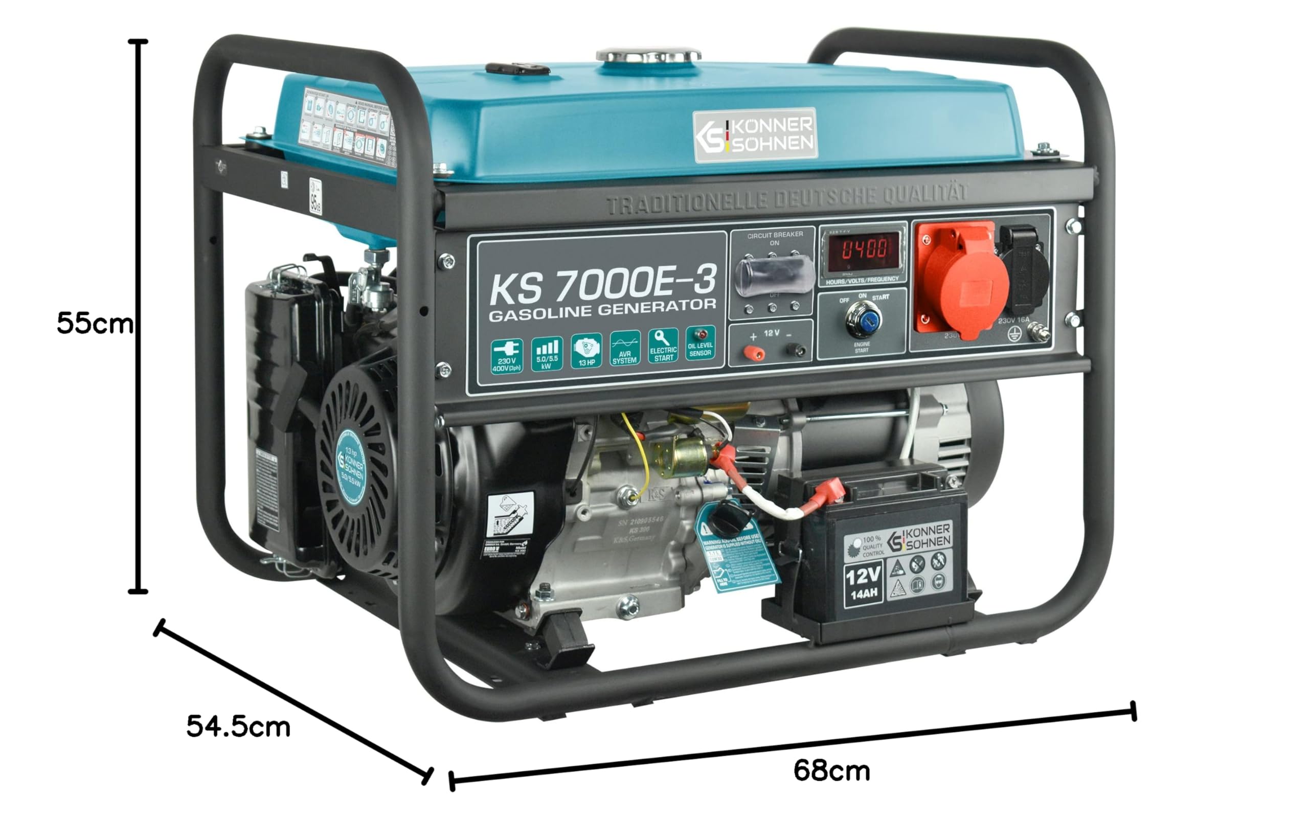 Agregat prądotwórczy KS 7000E-3 Generator benzynowy K&S Könner&Söhnen dla odbiorników trójfazowych (400V) o maksymalnej mocy 5500W z rozruchem ręcznym / elektrycznym, 1x16A (400V), 1x16A (230V), silnik autorski EURO-V, automatyczny regulator napięcia (AVR