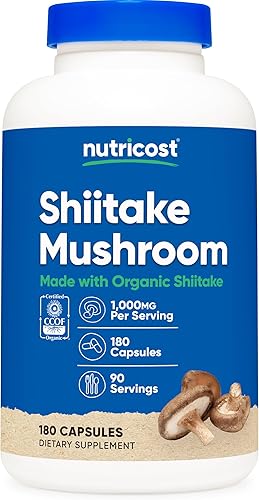 Nutricost Cápsulas orgánicas de hongos Shiitake de 1000 mg, 90 porciones Certificado CCOF fabricado con orgánico, vegetariano, sin gluten, 500 mg
