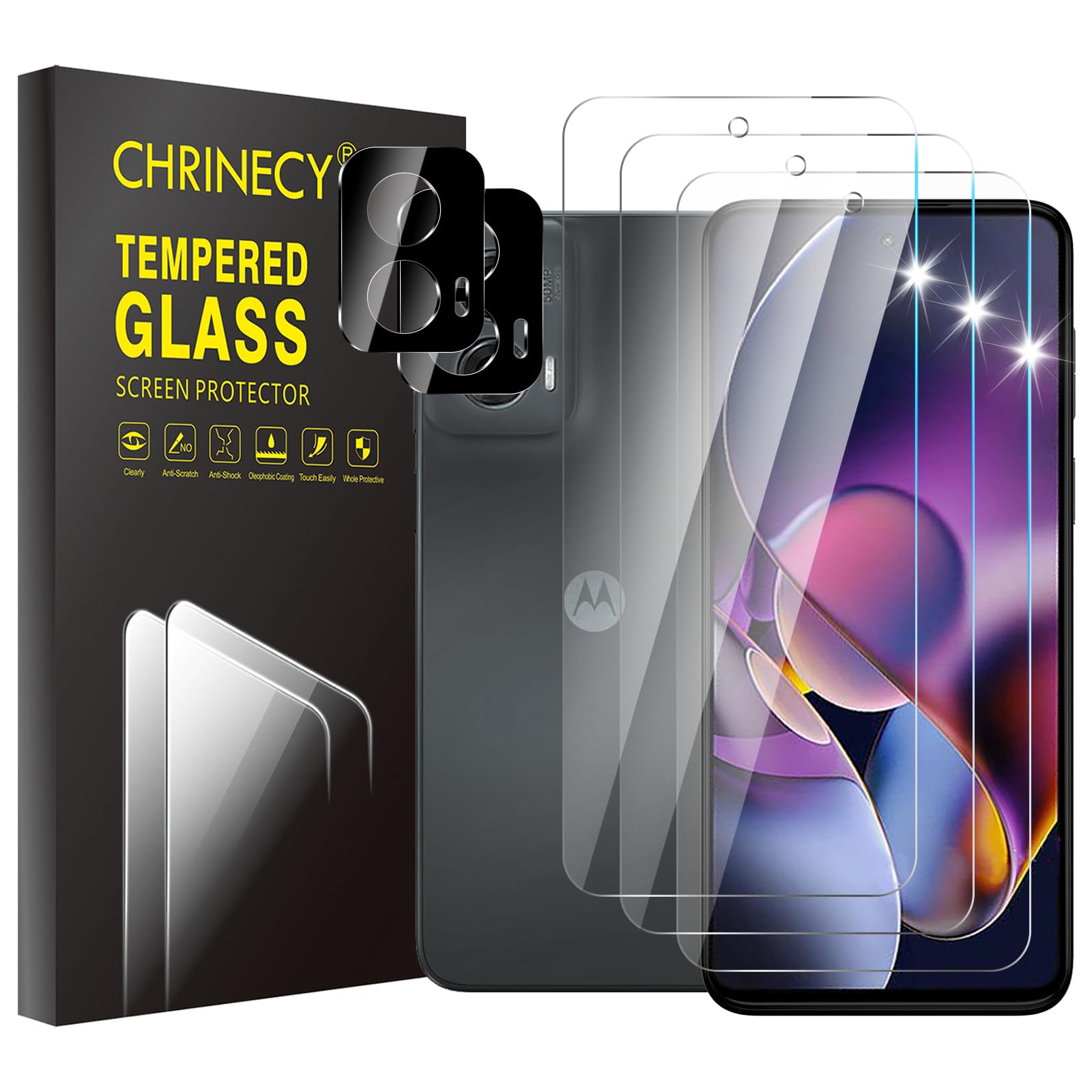 CHRINECY [3+2 3 Pack Screen Protector for Motorola Moto G stylus 5G 2024 with 2 Pack Camera Lens Protector, 9H Hardness, Anti-Scratch, Case Friendly, HD Clarity