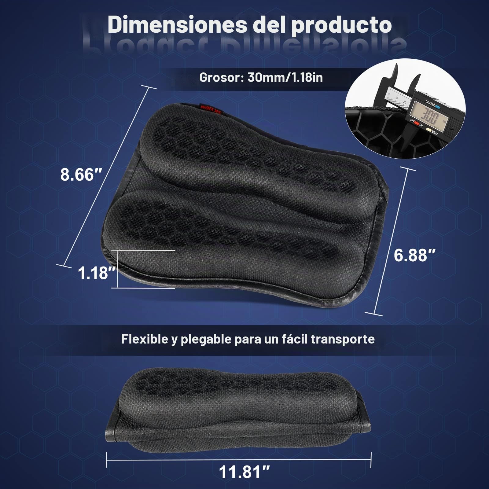 Cojín Plegable de Gel para Asiento Trasero de Pasajero de Motocicleta, Estructura de Panal 3D, absorción de Impactos y Almohadilla de Gel Transpirable para Viajes Largos, Talla S