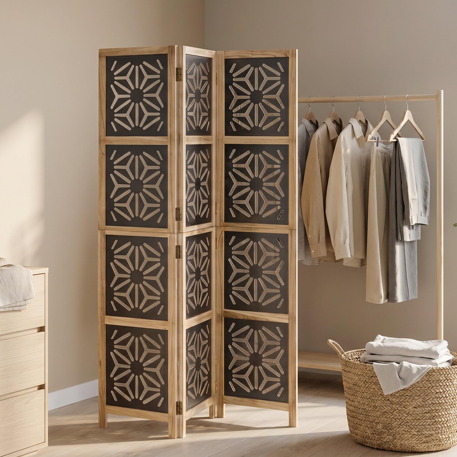 Homestyle4u 2015 Paravent en bois naturel noir naturel 3 pièces Brise-vue