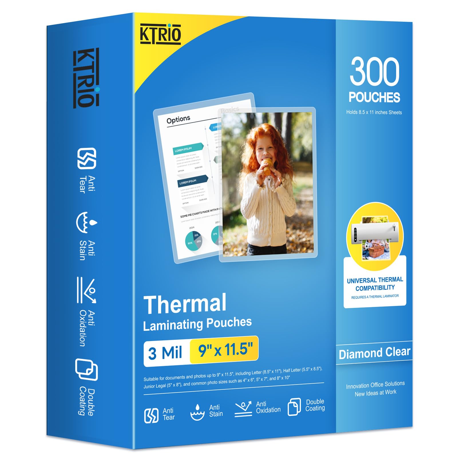 KTRIO 300 Pack Laminating Sheets, Hold 8.5 x 11 Inches, 3 Mil Thermal Laminating Pouches, 9 x 11.5 Laminate Sheets for Laminator, Clear Lamination