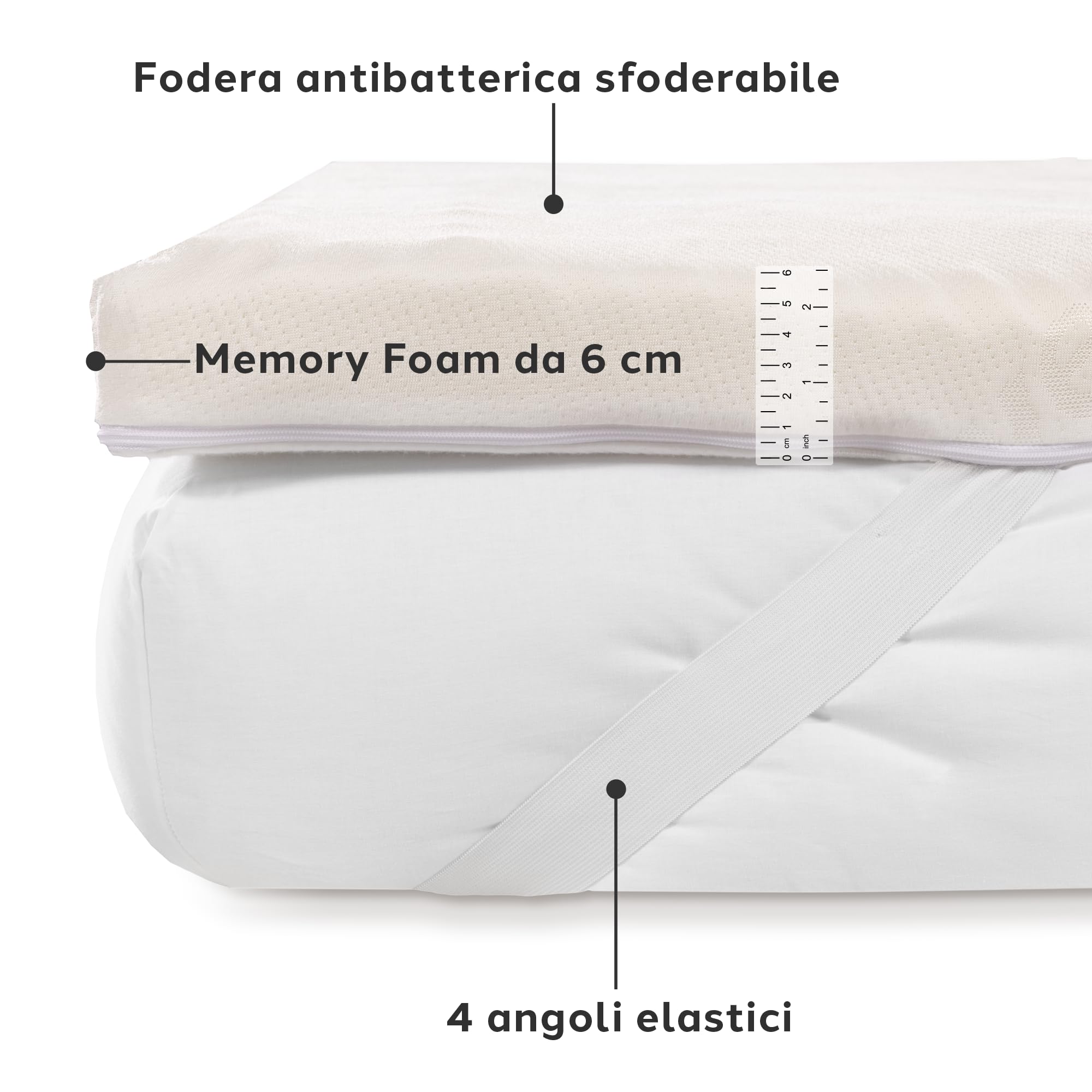 Caleffi - Topper Singolo Memory Foam 80x190 - Topper in Memory 6 cm – Elastici agli Angoli e Tessuto Sfoderabile Antibatterico - Copri Materasso Fresco e Rinfrescante - Made in Italy