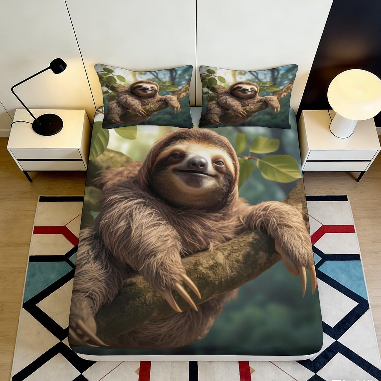 3D Printed Sloth Tree Fitted Sheet Microfiber Soft Breathable Forest Branch Bed Cover for Bedroom Dorm Decor 90x200x25cm