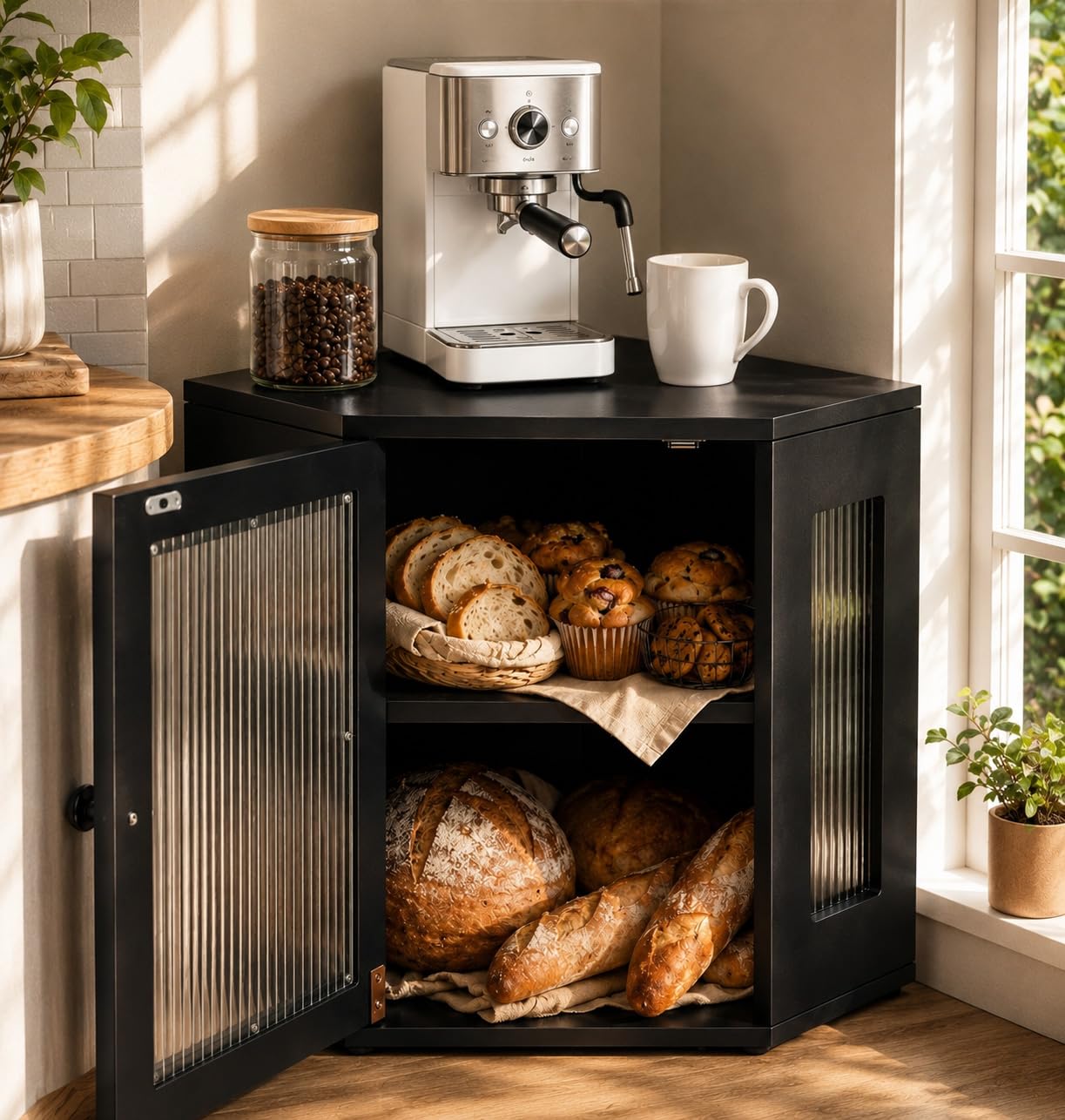 Portapane Angolare Nero a 2 Piani, Contenitore per Pane da Cucina Salvaspazio con Ripiano Regolabile in Altezza e Pannelli in Acrilico Scanalato, 32 × 32 × 35 cm