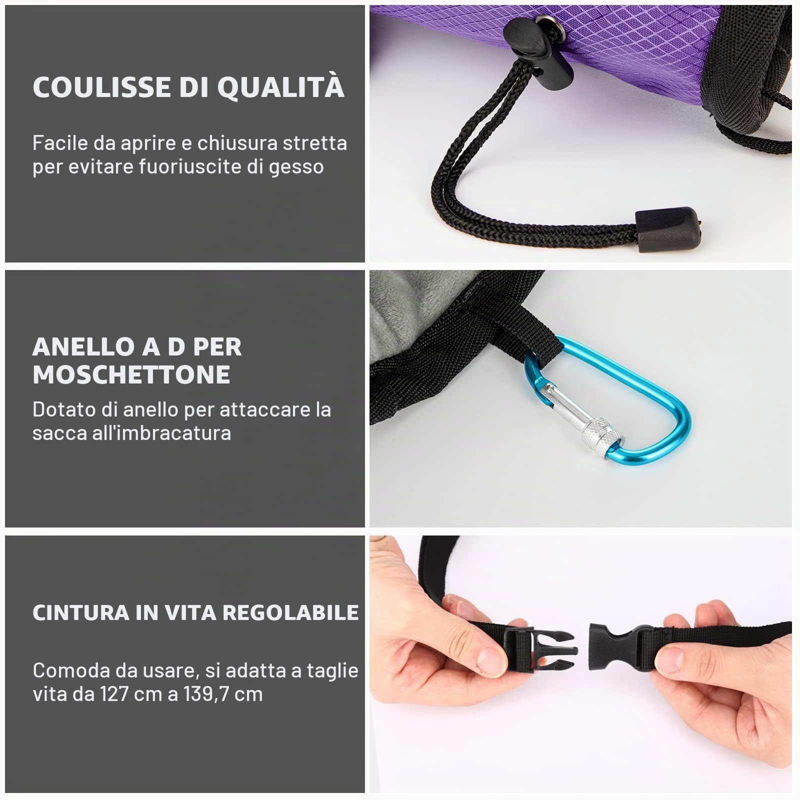 MoKo Borsa per Gesso Arrampicata con tasca e moschettone, Viola | Sacchetto per Gesso e Accessori Arrampicata resistenti, con chiusura a cordoncino e cintura regolabile.