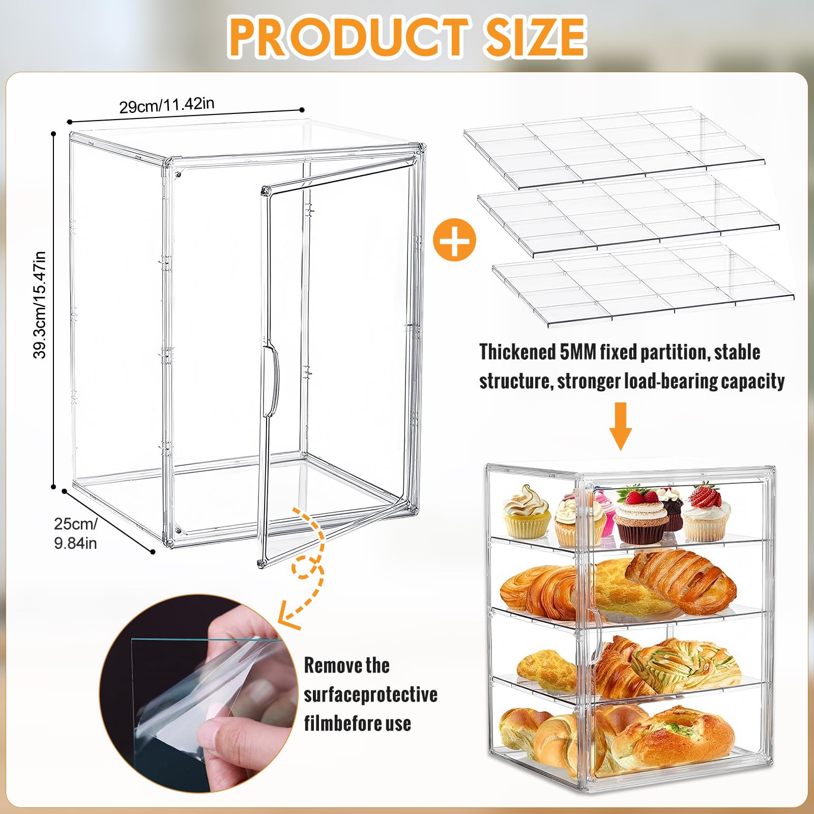 Gebäckvitrine, Brotbox für Küche, Arbeitsplatte, Gebäckvitrine, 4 Schichten, verstellbar, transparent, Brotaufbewahrung mit magnetischer Tür, Bäckereien, Gebäckdisplay für Küchentheke, Brothalter