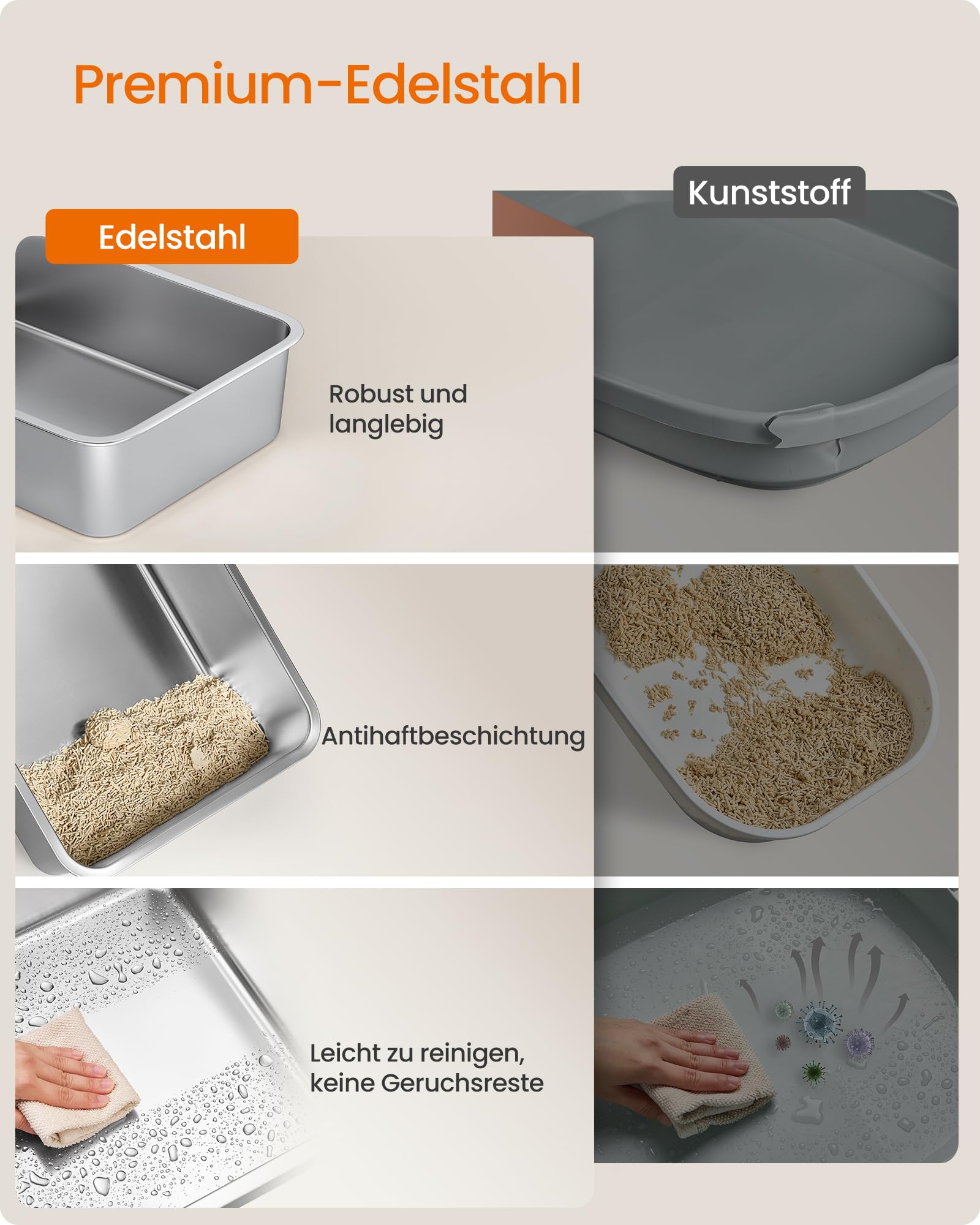 Feandrea Katzenklo Edelstahl XXL, mit Hohem Rand, Treppe und Schaufel | Offene Katzentoilette für Große Katzen, Geruchsneutral, 62 x 42 x 30 cm, Kaffeebraun, BOXAL Kollektion PPT008K101