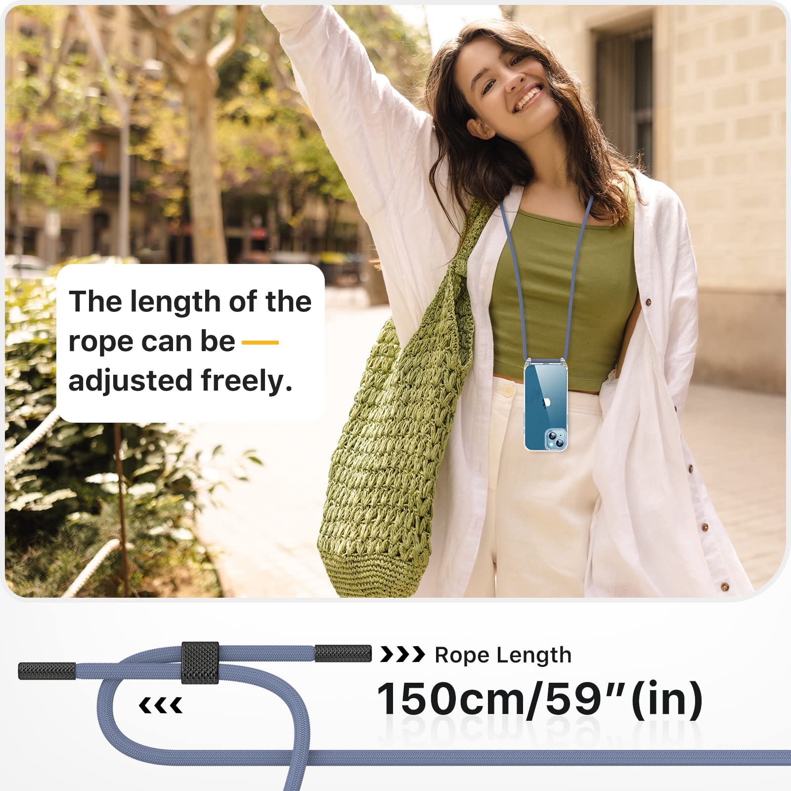 GOODVISH Cover Trasparente con Cordino per iPhone 13 6.1'', con 2 Pezzi di Pellicola Protettiva, Custodia con Regolabile Laccio Tracolla, [Antiurto] [AntiGraffio] Case con Collana, Blu - Vista 7