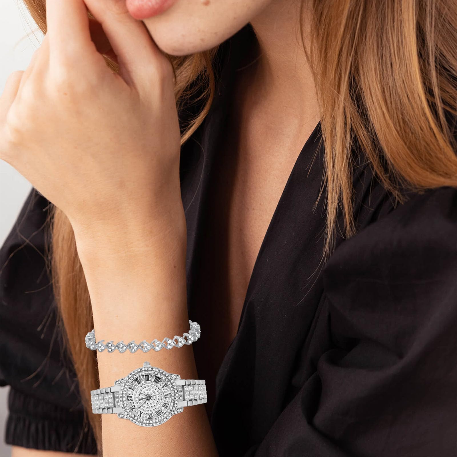 NEWITIN 2 Pieces Women Diamond Watch Bracelet Set Luxury Fashion Jewelry Cubic Zirconia Wristwatch Bracelet Gold Watch Jewelry Set for Women