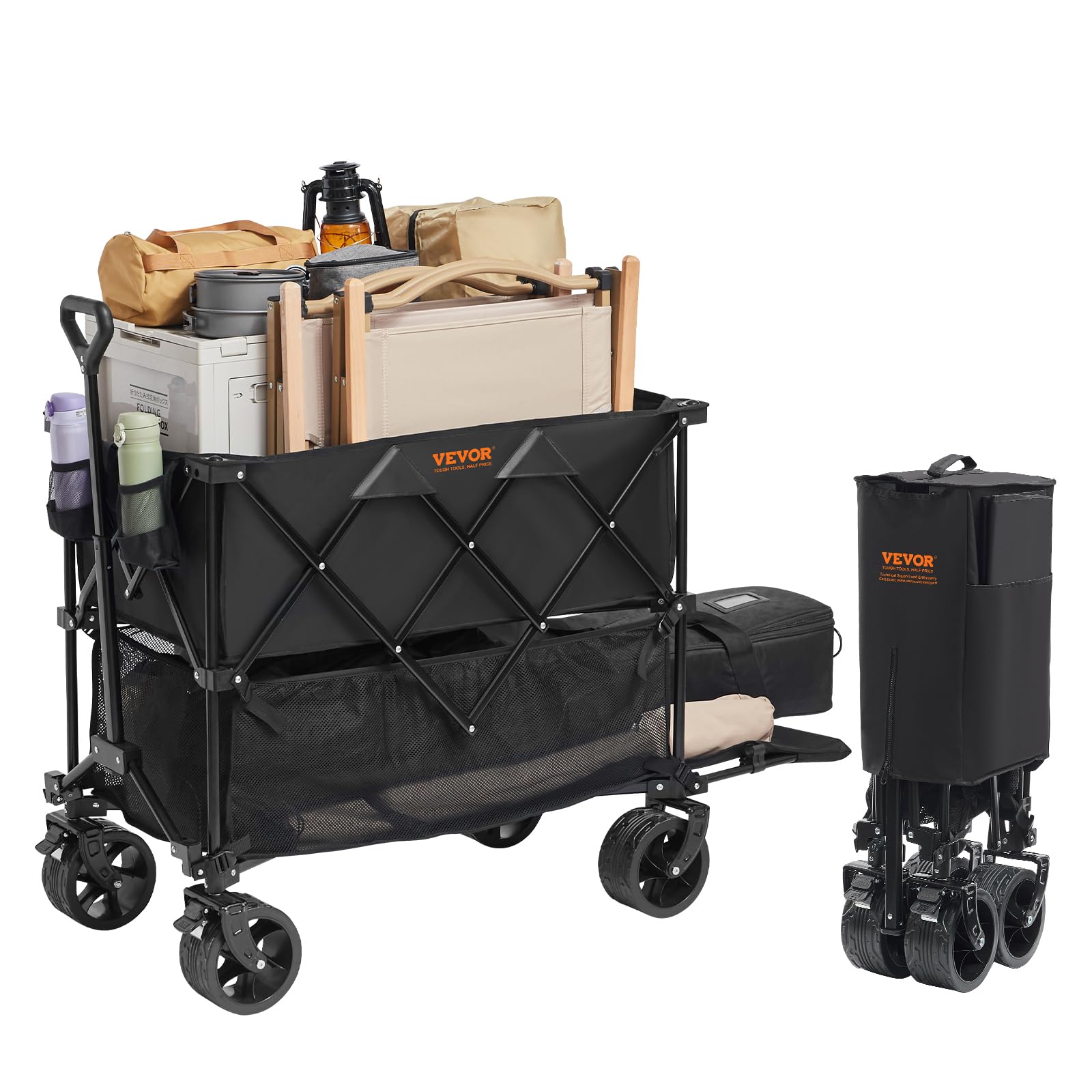 VEVOR Foldable Double Decker Wagon Cart with All-Terrain Wheels, Heavy Duty 350-450 lb Capacity, 400L Collapsible for Camping, Shopping, Garden, 52" Extra Long Extender