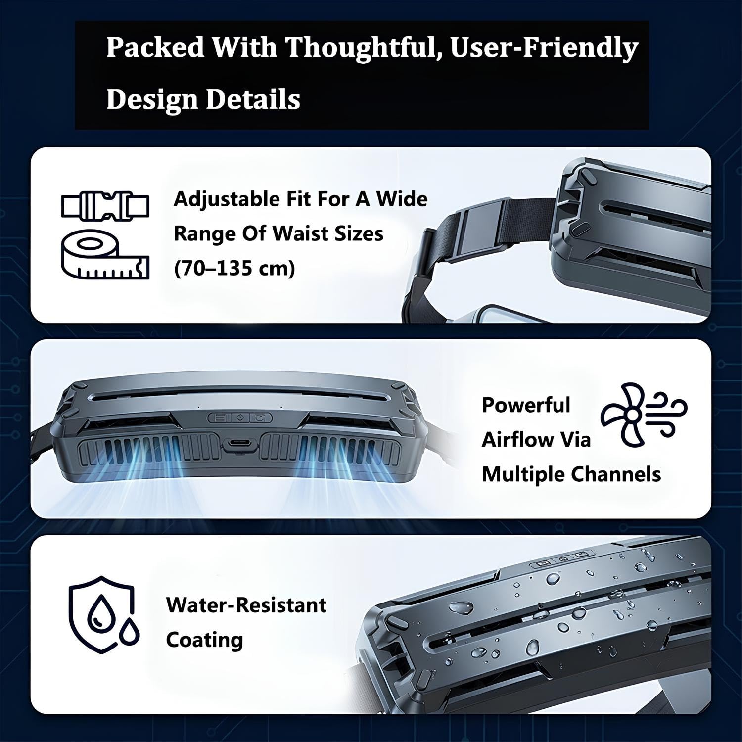 Ventilador de cintura recargable portátil, viento fuerte, batería de 5000 mAh, 3 velocidades, bolsa de hielo desmontable para actividades al aire libre, lugar de trabajo, pesca, picnic
