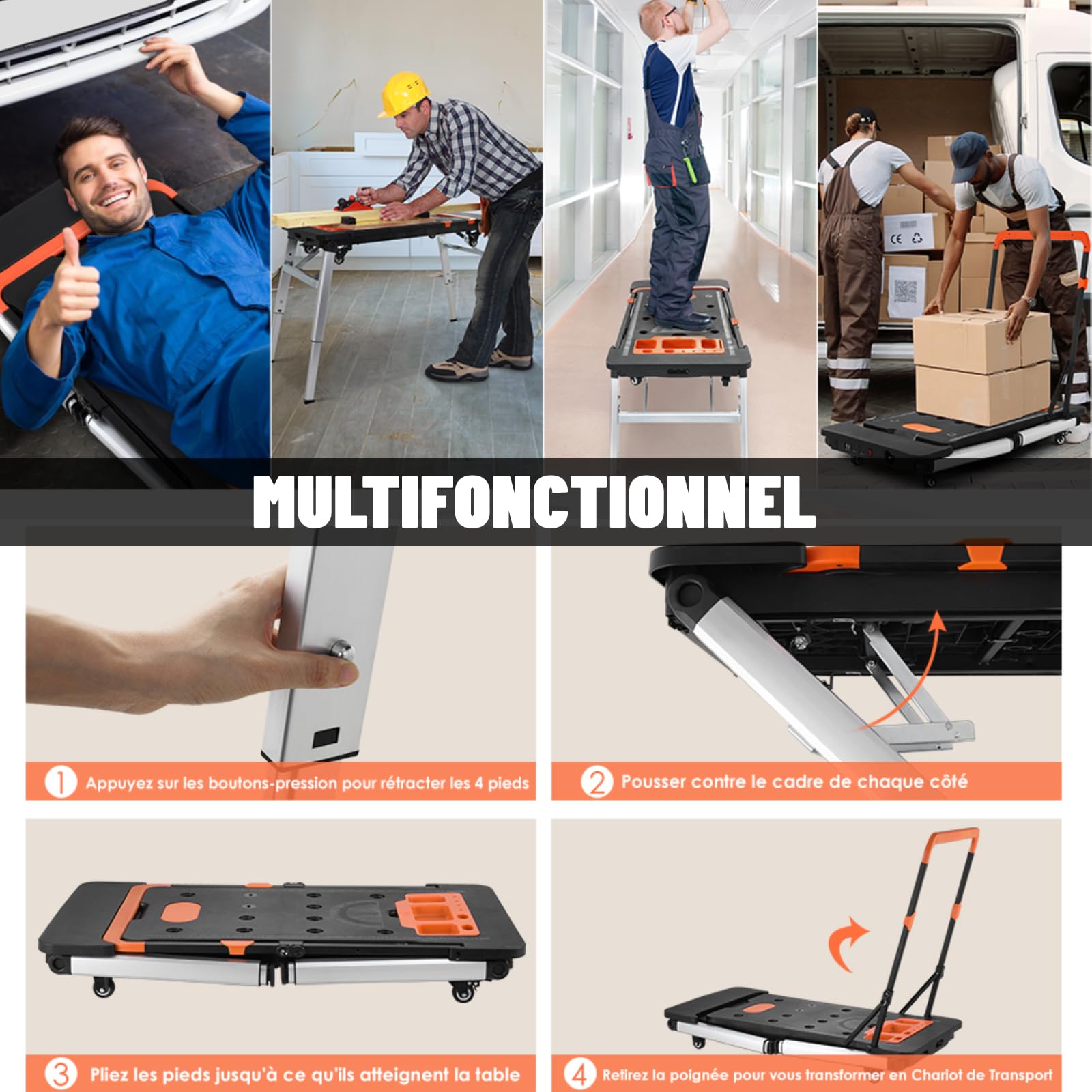 LIFERUN 7en1 Etabli Pliant, Établi Pliable, Chariot Portable Pliable,4 Roue