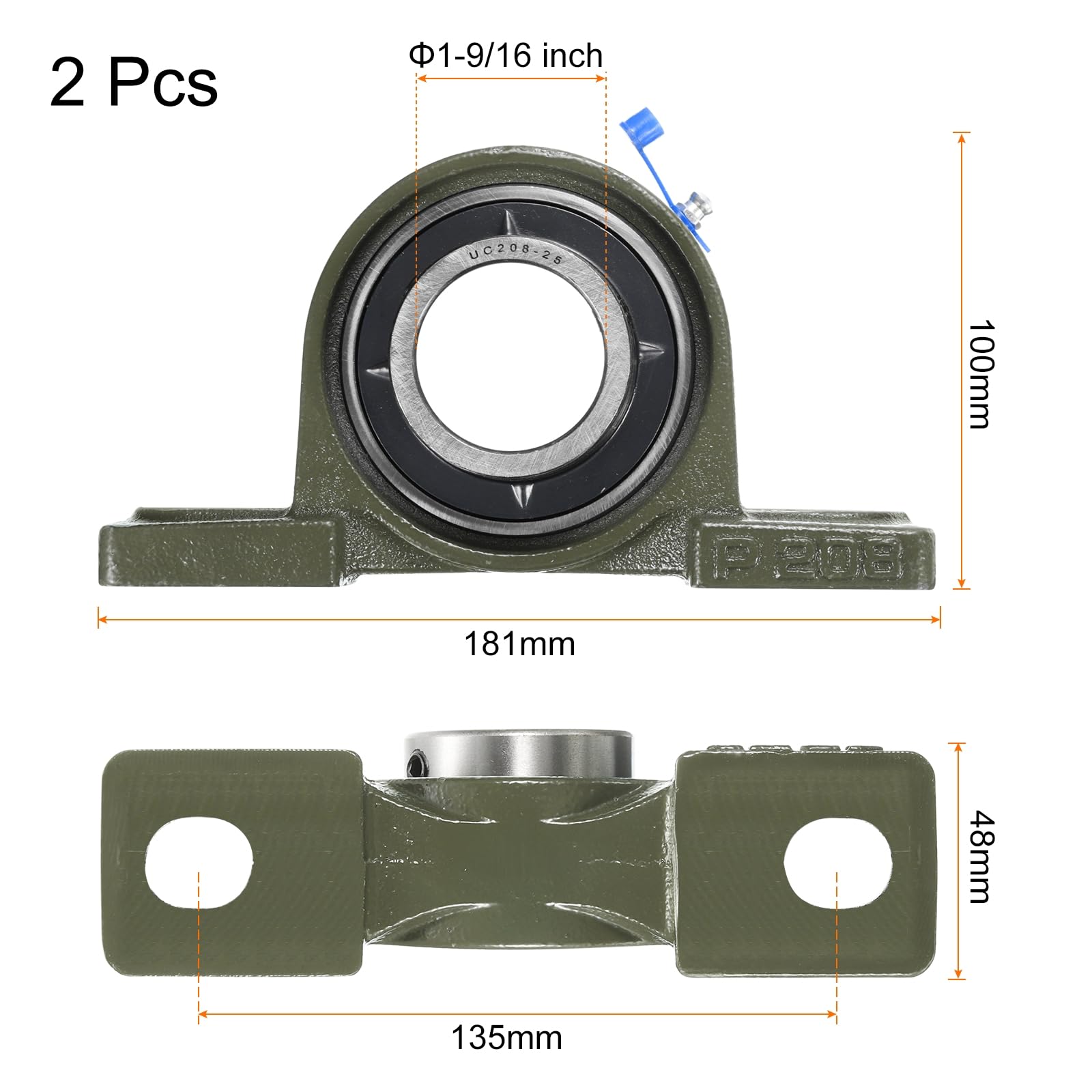 QUARKZMAN 2 Pz UCP208-25 Cuscinetti a Base Piana 1-9/16 Pollici Foro Auto-Allineanti, Base in Ghisa Massiccia Montata Cuscinetti in Acciaio al Cromo
