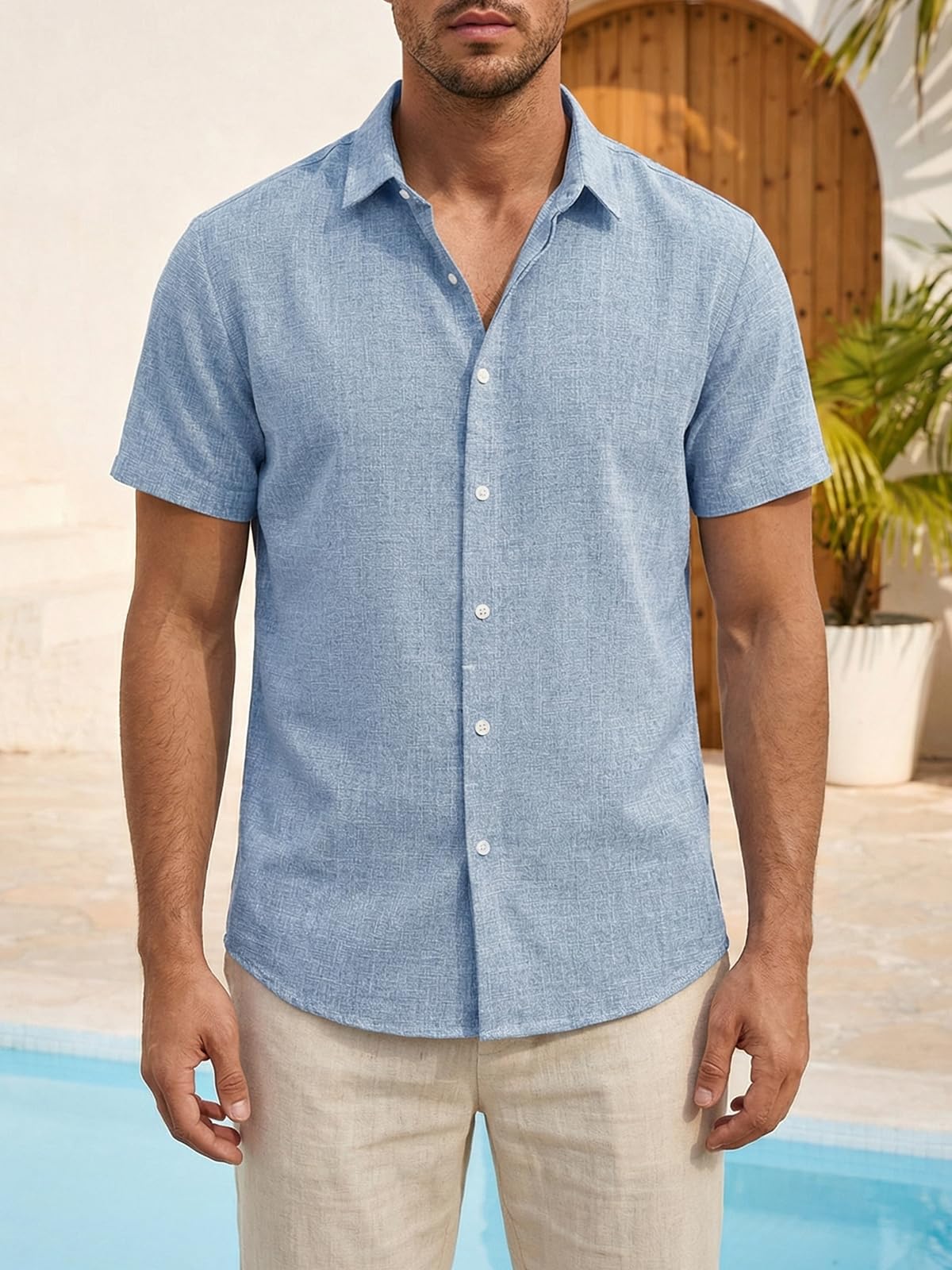 Camicia da uomo a maniche corte in lino, vestibilità normale, tinta unita, per matrimonio, business, spiaggia