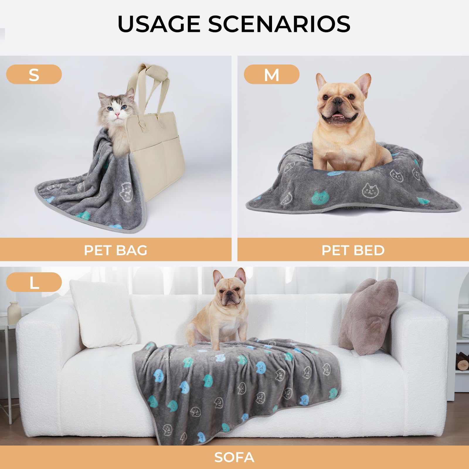 luciphia 3 Pezzi Coperta per Cane/Gatto Lavabile Soffice Durevole, Morbida e Calda Flanella,Testa di gatto,Small (60 * 40cm)