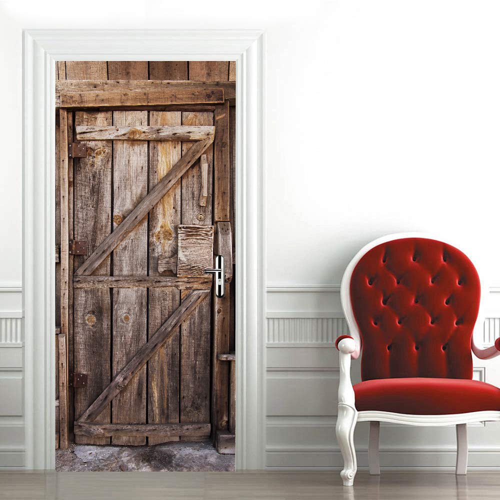 Stickers mural porte 3D vinyle trompe l'oeil 73x205cm décor bois pour chambre