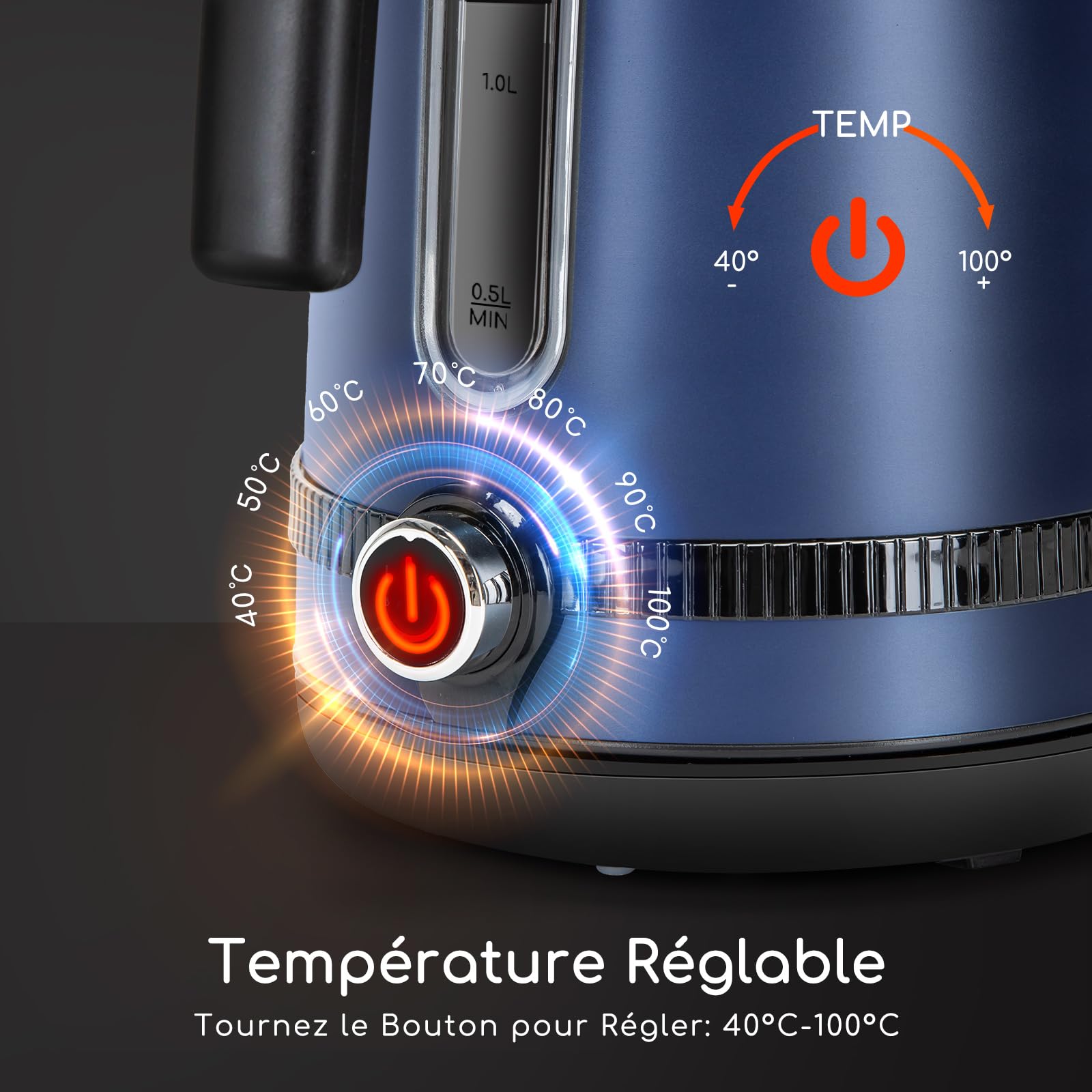 Aigostar Bouilloire Electrique Temperature Reglable inox 1,7L Bleu Foncé Vintage - Bouilloire électrique 2200W, Maintien Au Chaud, ébullition Rapide, Pas de Plastique à L'intérieur, Sans BPA