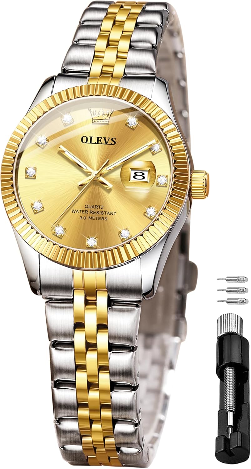 OLEVS Womens Watch Diamond Gold Fashion Dress Analog Quartz Ladies Watch Tungsten Steel Waterproof Luminous Wrist Watches for Women