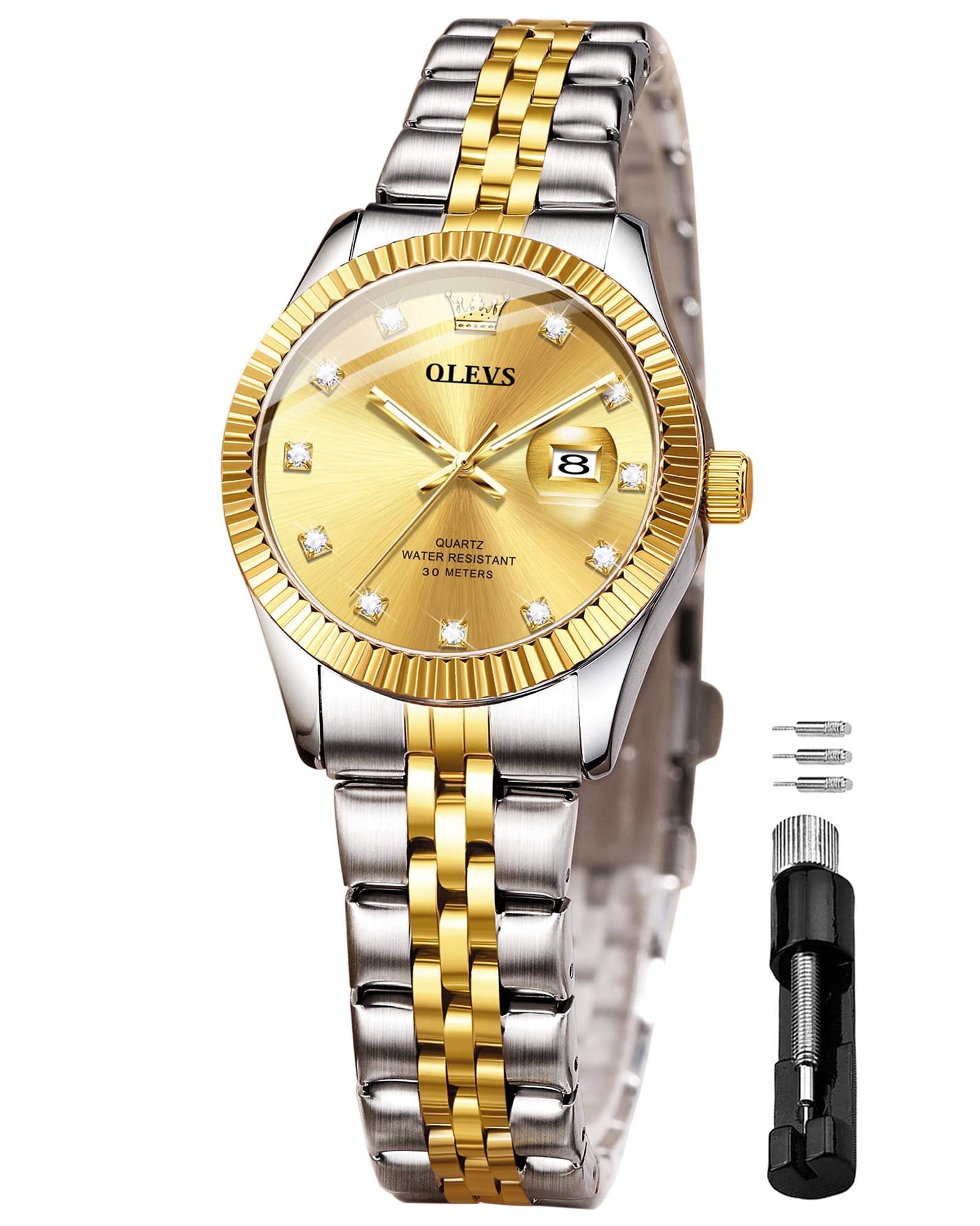 Womens Watch Diamond Fashion Dress Analog Quartz Ladies Watch Stainless Steel Waterproof Luminous Two Tone Wrist Watches for Women
