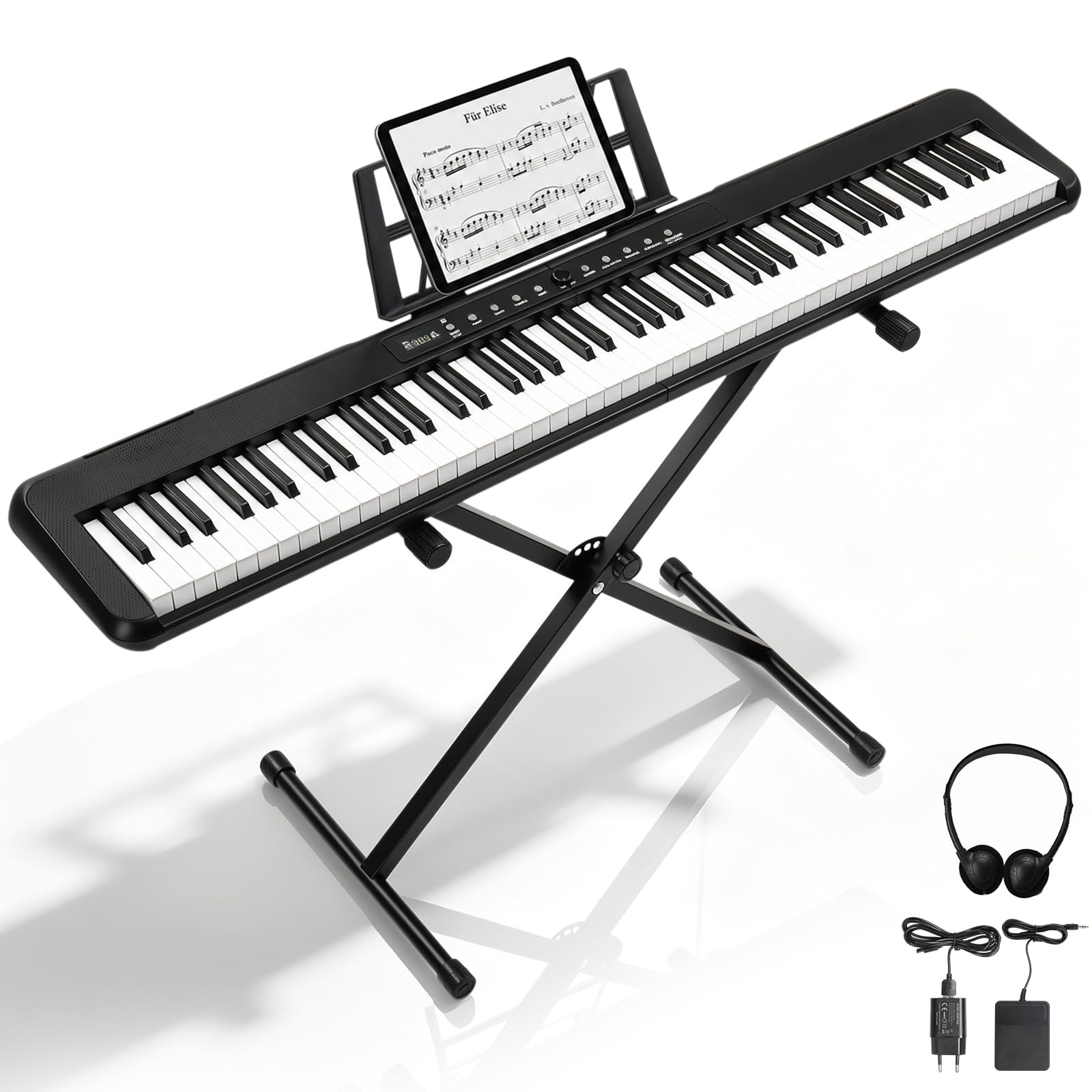 LEADZM Piano Numérique 88 Touches avec Support, Pédale de Sustain, Clavier Piano avec Pupitre, Casque et Microphone (Noirz)