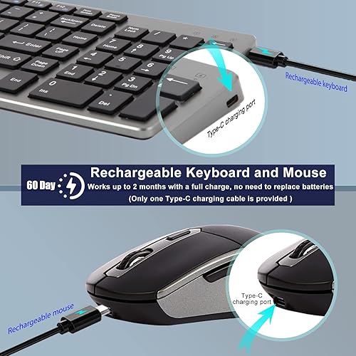 Miniatura 2 de Teclado y mouse inalámbricos recargables, teclado compacto delgado inalámbrico de 2.4 G y mouse ergonómico silencioso para computadora con botón