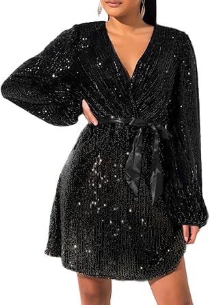 828 - Plus Size Long Sleeves Wrapped V Neck Sequins Skater Style Cocktail Evening Club Dress