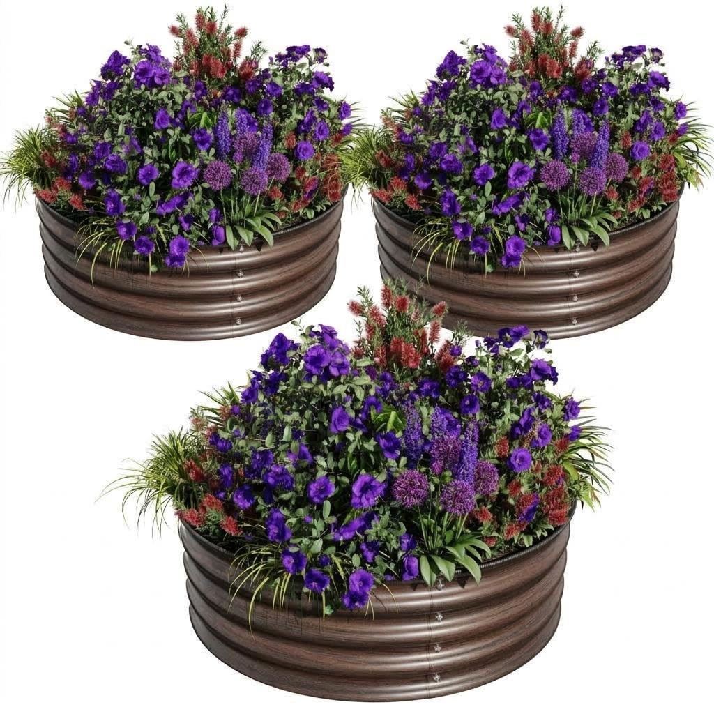 Lot De 3 Jardinière Surélevée Ronde en Acier Galvanisé 60x60x28 cm, Antirouille Anticorrosion, Joints Protecteurs & Fonds Ouverts, pour Légumes, Fruits, Fleurs, Herbes Aromatiques, Balcon