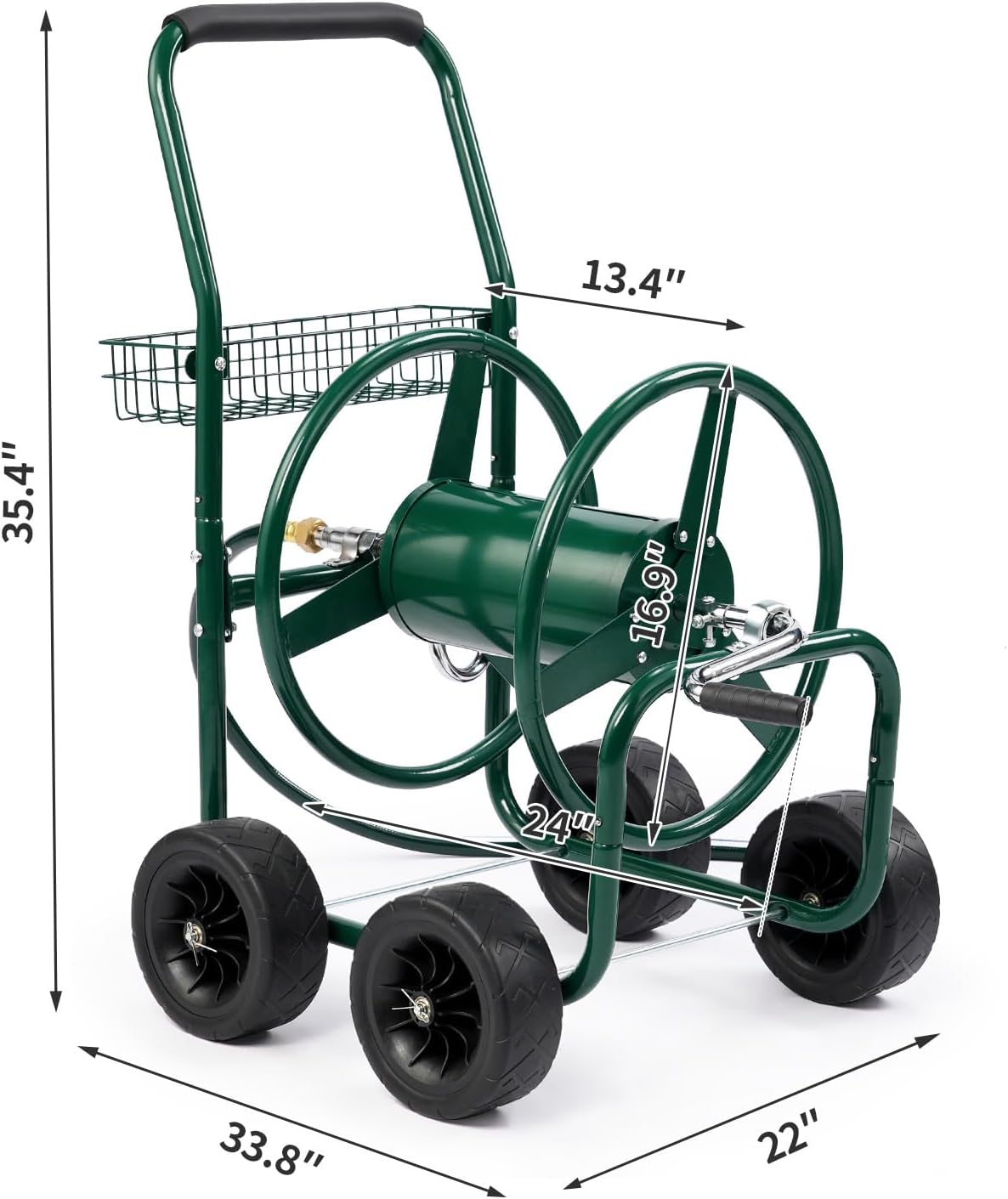 Lawn Water Planting Cart with Wheels, 4-Wheel Garden Hose Reel Cart with Storage Basket, Portable Residential Hose Reel Cart, Lawn Watering, for Garden Backyard and Farm (Green 250FT)