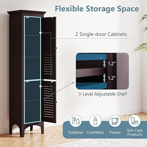 Miniatura 5 de Giantex Gabinete de almacenamiento alto para baño, gabinete de piso estrecho independiente con puertas, estantes de 5 niveles (1 altura ajustable),