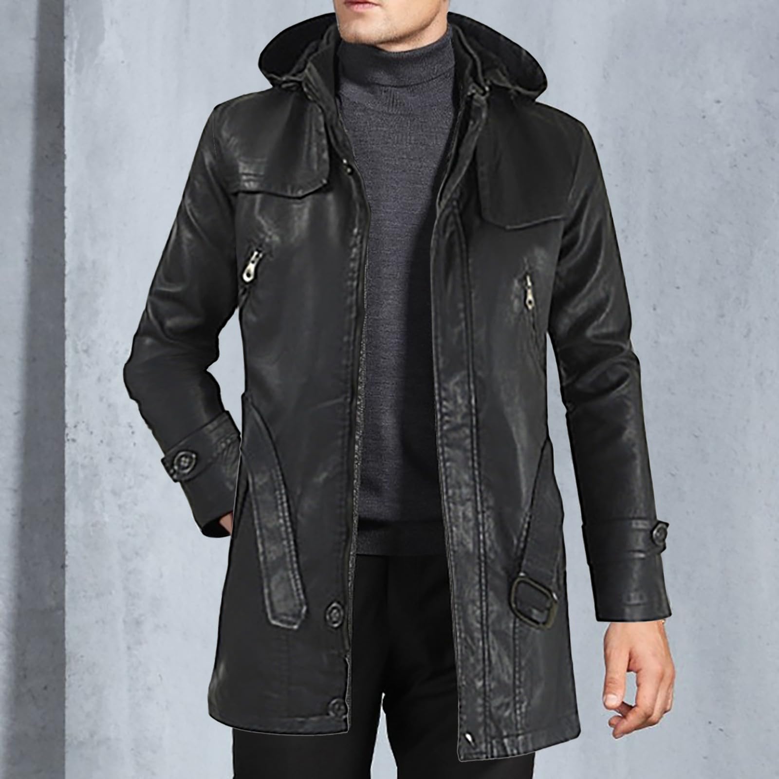Veste en cuir pour homme, long duffle-coat 3/4 avec capuche amovible, parka, long trench noir, manteau à capuche safari noir, manteau coupe-vent d'hiver chaud avec poches