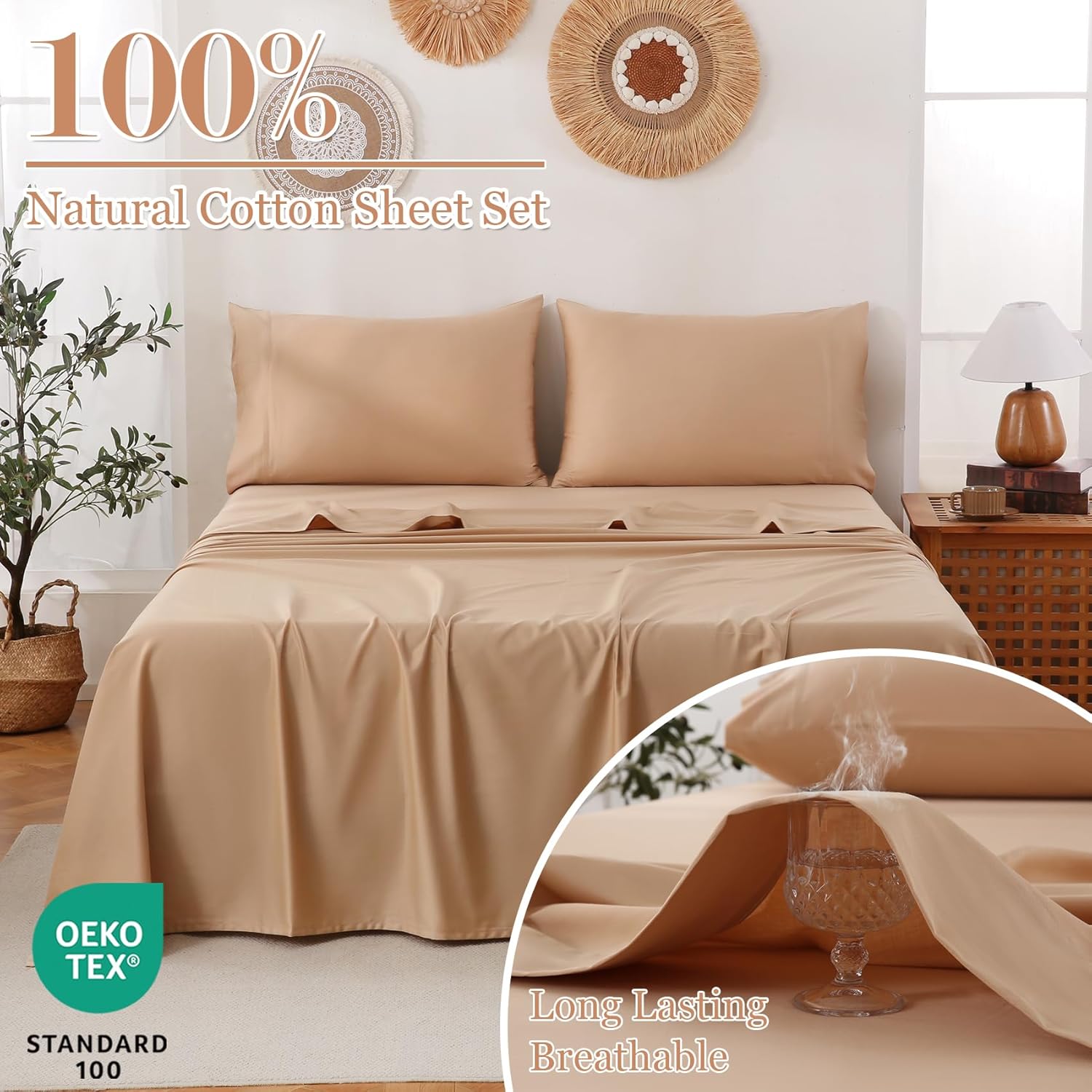 100% Cotton Sheets King Size Sheet Set with Deep Pocket Fitted Sheet Up to 16" Luxury Hotel 400 Thread Count Bedsheet Soft Breathable Bedding Simple Beige Bed Sheets