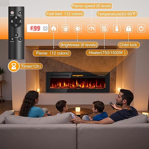Miniatura 5 de Chimenea eléctrica de 60 pulgadas empotrada en la pared y montada en la pared, calentador lineal ultrafino de 7501500 W con llama realista,
