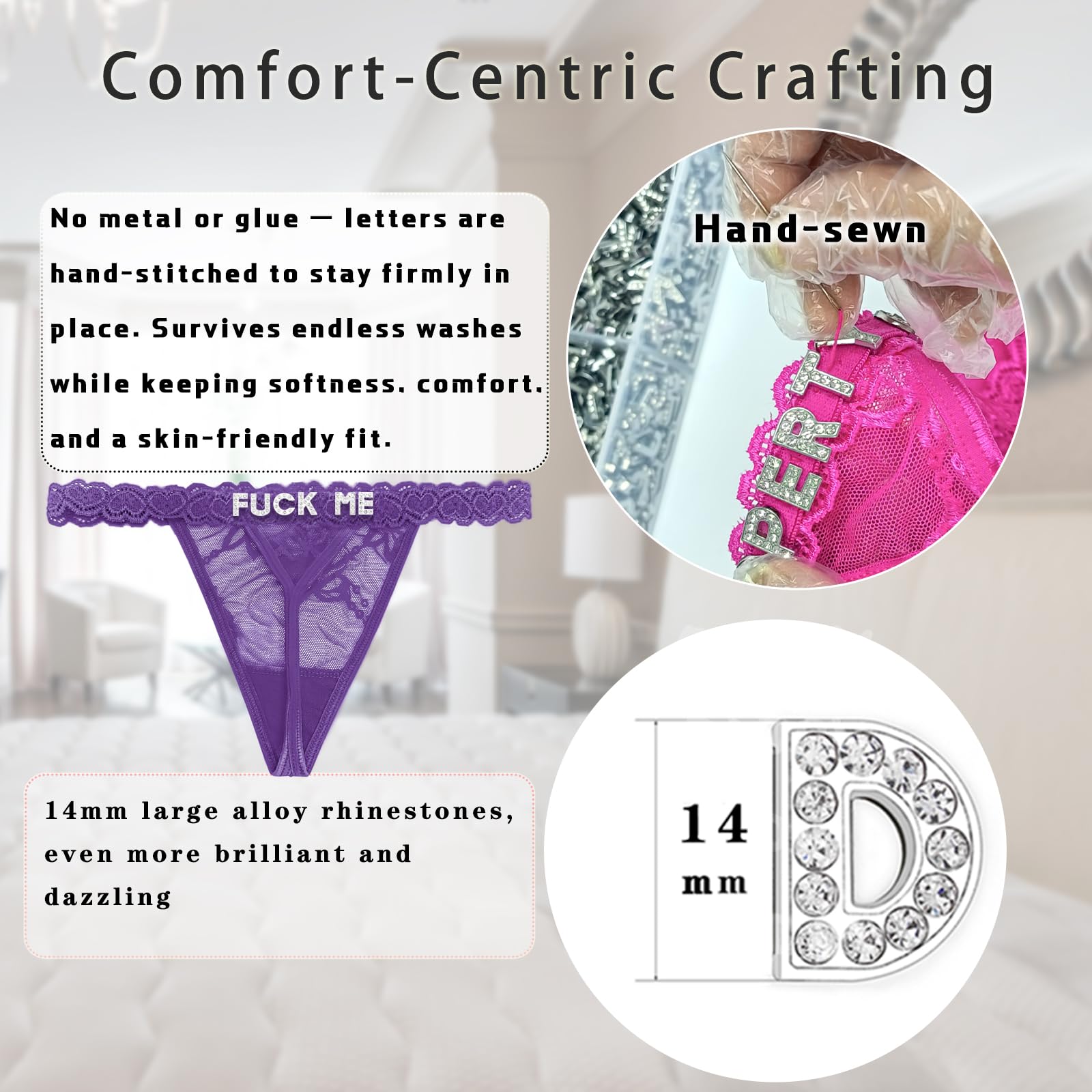 Eoribag Women's Personalized Thongs with Funny Rhinestone Letters, Custom Name Underwear Panties for Couples: F4-fuckme-purple Medium