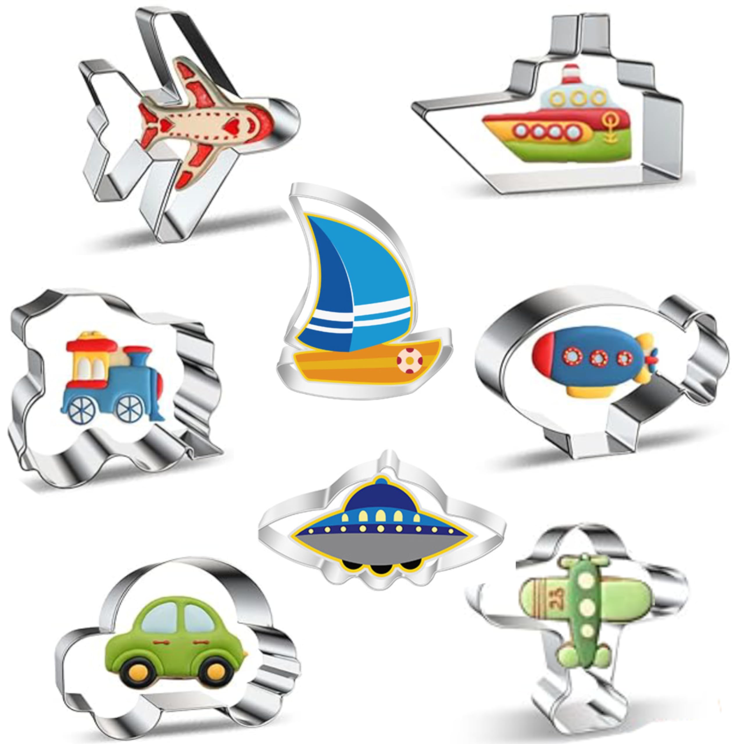NESLIN Vehicle Cookie Cutter Set, Stainless Steel Biscuit Cutters with Car, Airplane, Train, Bus, Vintage Truck, Airship, Cruise Ship Shaped Cookie Cutters, DIY for Kids Baking Party(8, Vehicle)