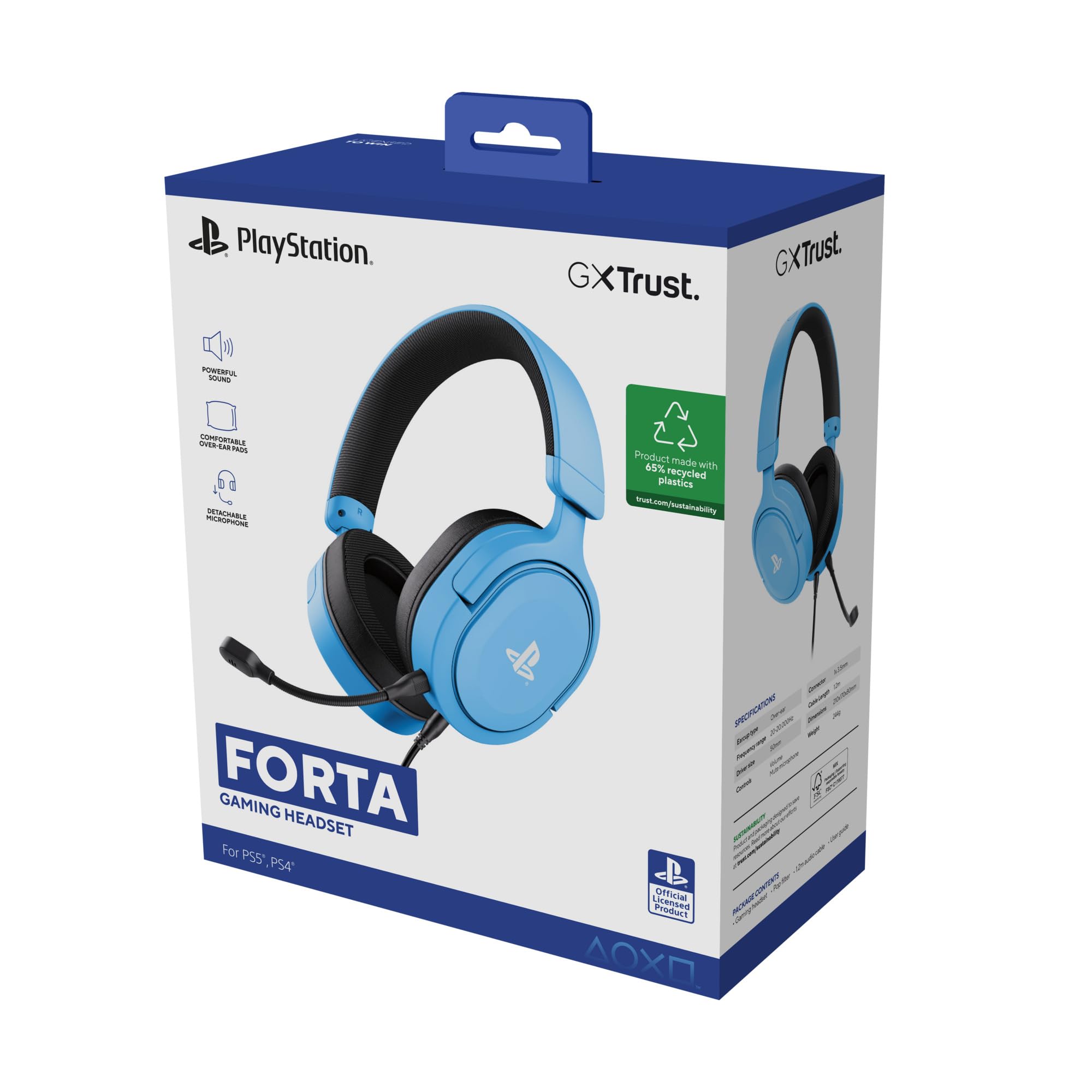GXTrust 498B Forta Słuchawki Gamingowe PS5 / PS4, Licencja PlayStation 5, Kabel 1.2m, Przetworniki 50mm, Audio 3D, Odpinany Mikrofon, Przewodowy Zestaw Słuchawkowy Wokółuszny, Niebieski