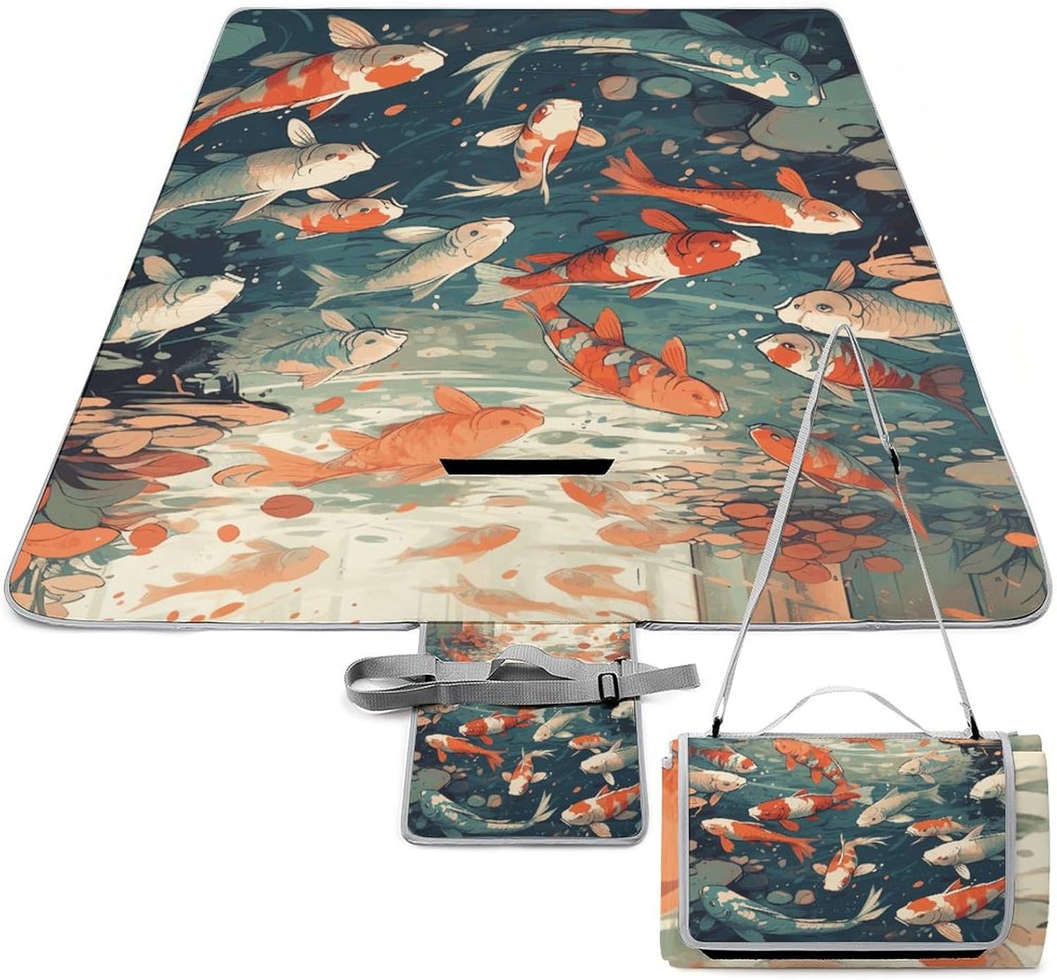 Outdoor Picnic Blanket Extra Large Beach Blanket Waterproof Picnic Mat Hand Drawn Fish Pattern Camping Blanket Portable with Carry Strap Park Blanket for Grass Camping Park