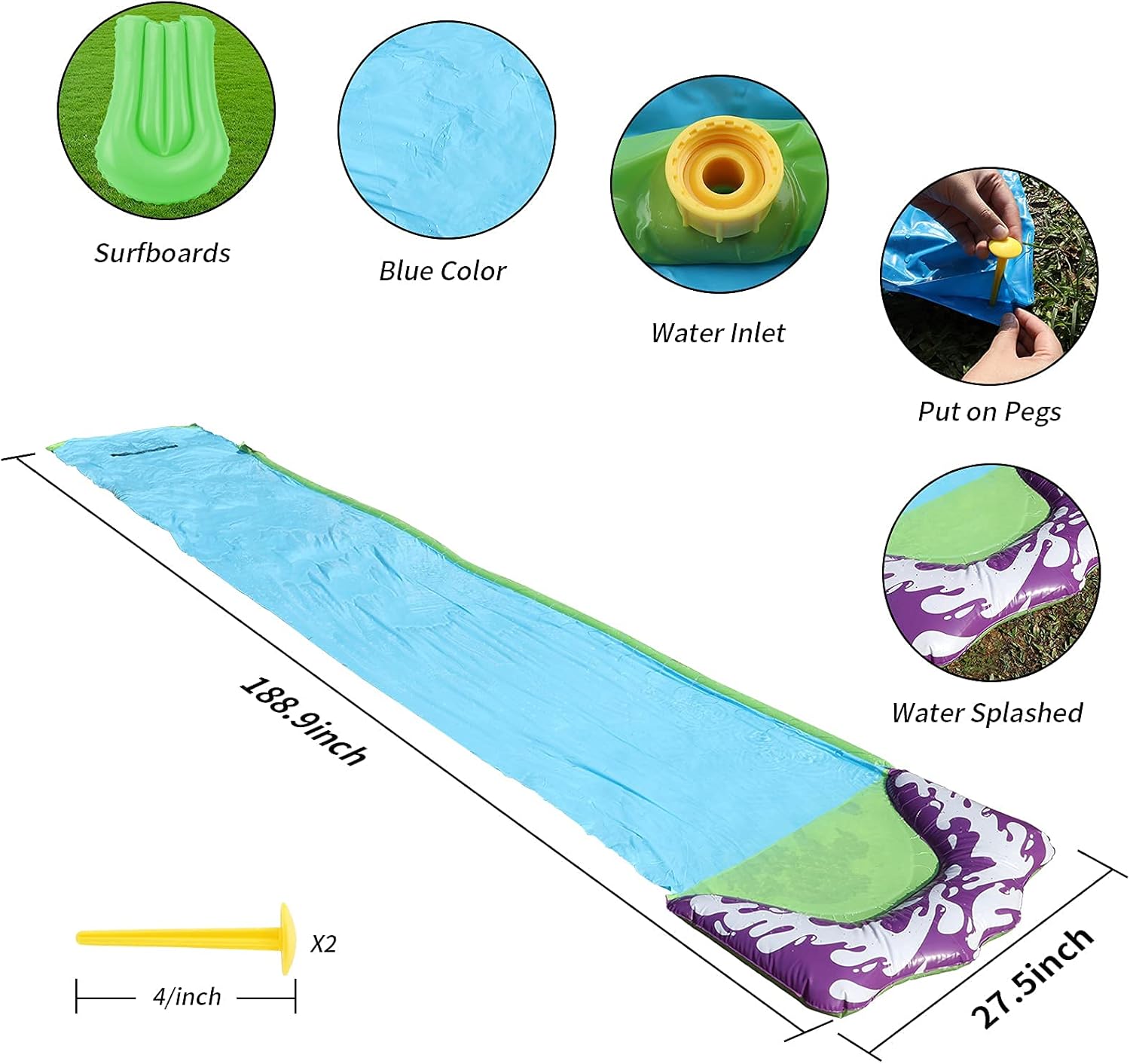 WDERNI Slip and Slide, Water Slides for Kids Backyard, 16FT Slip n Slide for Kids Adults with Crash Pad, Waterslide for Outdoor Water Toys, Lawn Water Slide Giant Slip in Slide with Single Surfboard : Toys & Games