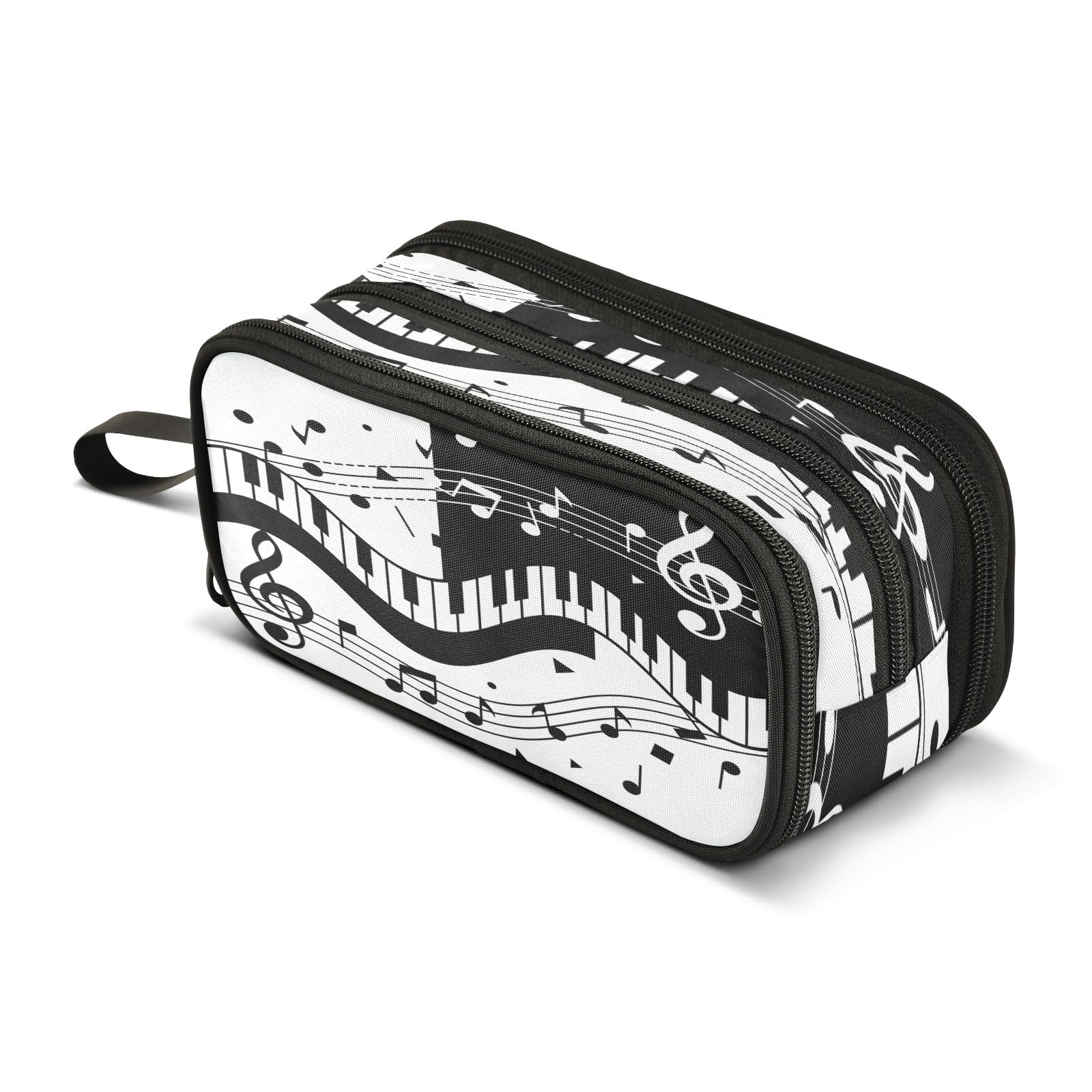 Piano Music Note Pencil Case 3 Compartment Pen Bag Pouch Holder Box School Portable Stationery Storage Bag for Girls Boys