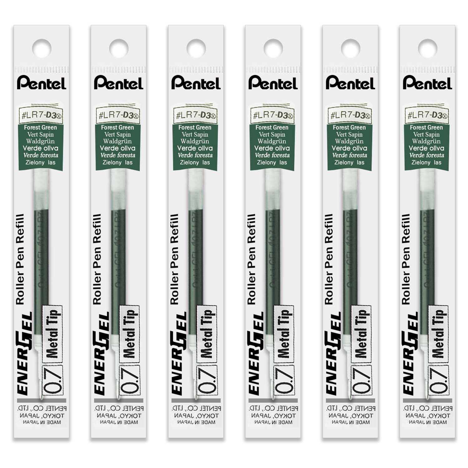 Pentel Energel Wkład zapasowy z metalu, LR7, 0,7 mm, wkład uzupełniający do długopisu BL77/BL57/BL37, 6 sztuk (leśna zieleń)