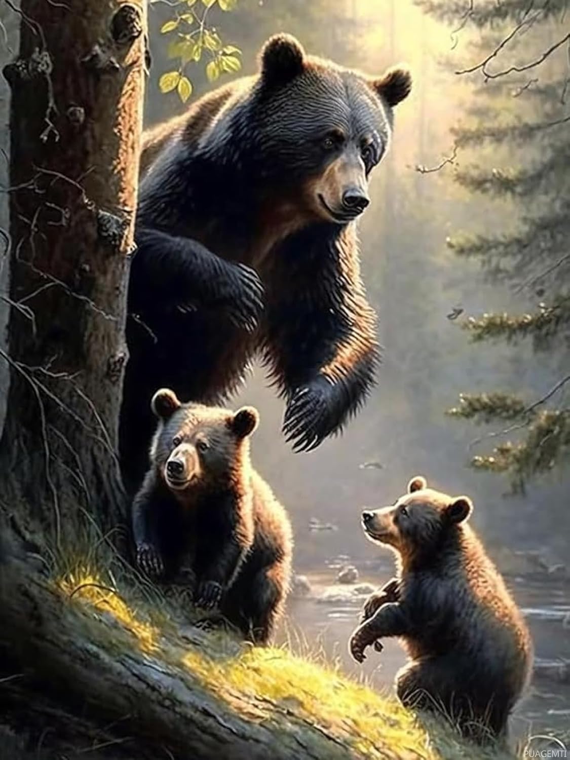 5D DIY Diamond Painting Kits, Black Bear Family Diamond Painting, Enjoy Family Time Home Decor, Full Diamond Aesthetic Round Craft Art Painting Set, for Room Decor 12x16 Inch