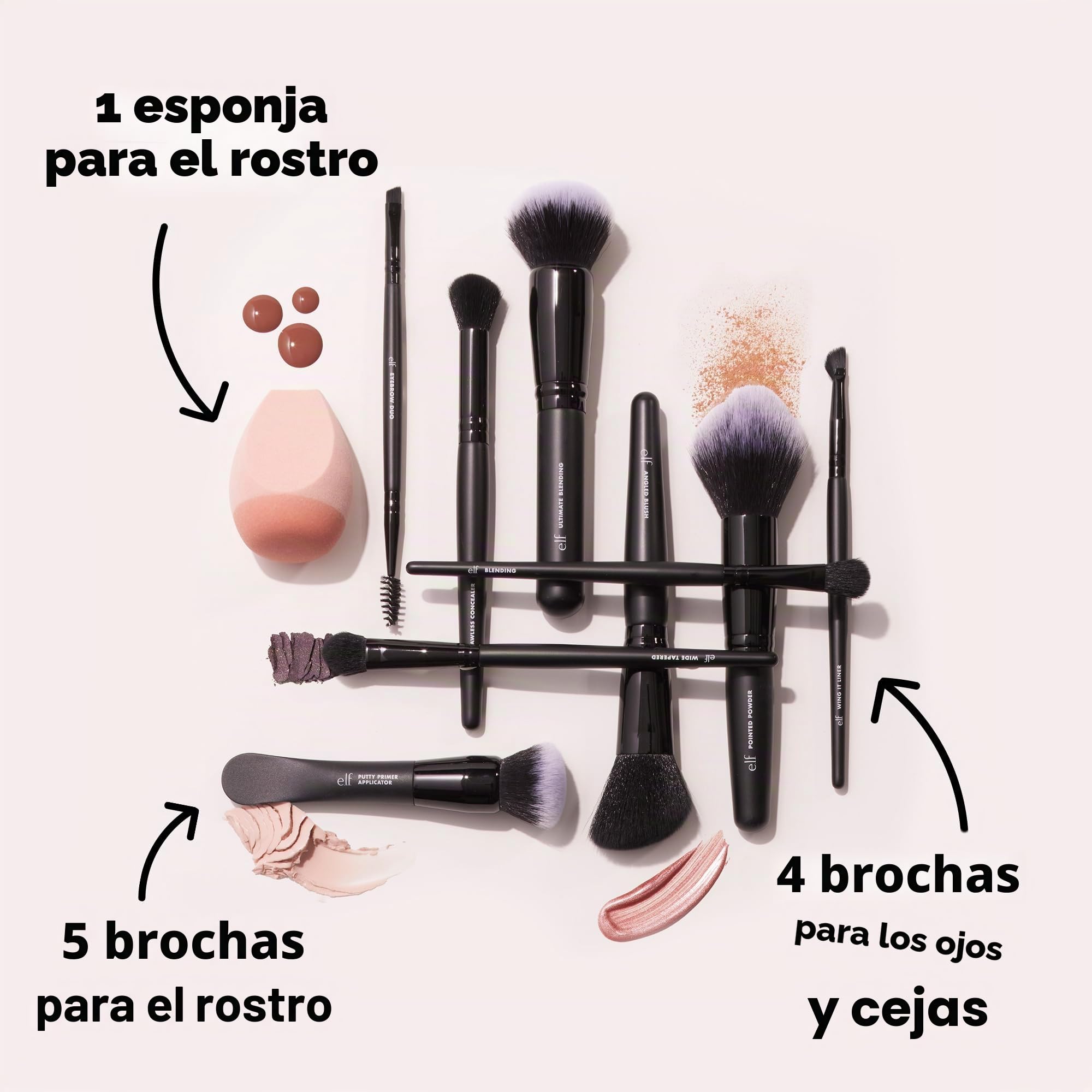 e.l.f. Juego de 10 brochas para maquillaje facial, cerdas sintéticas veganas