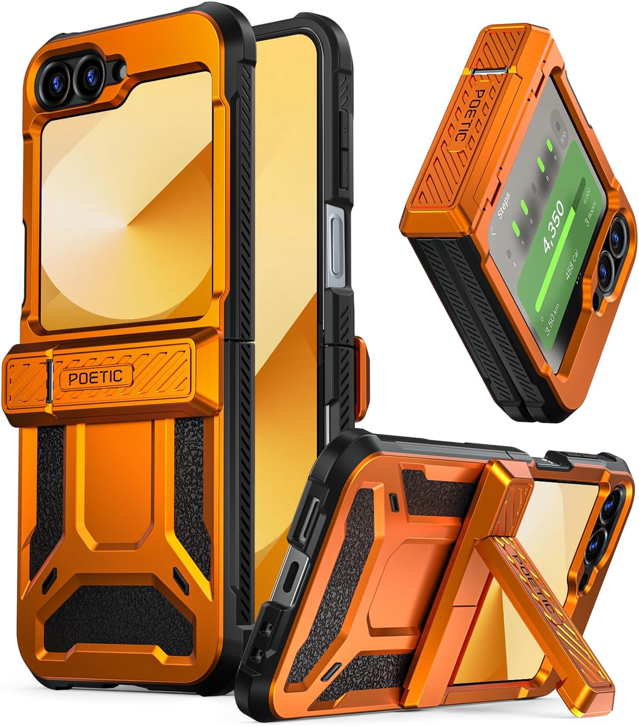 Poetic Spartan Case for Samsung Galaxy Z Flip 7 FE 5G (2025) and Galaxy Z Flip 6 5G (2024), [Kickstand][Built-in Screen Protector][Hinge Protection][20FT Drop Tested], Full-Body Cover, Metallic Orange