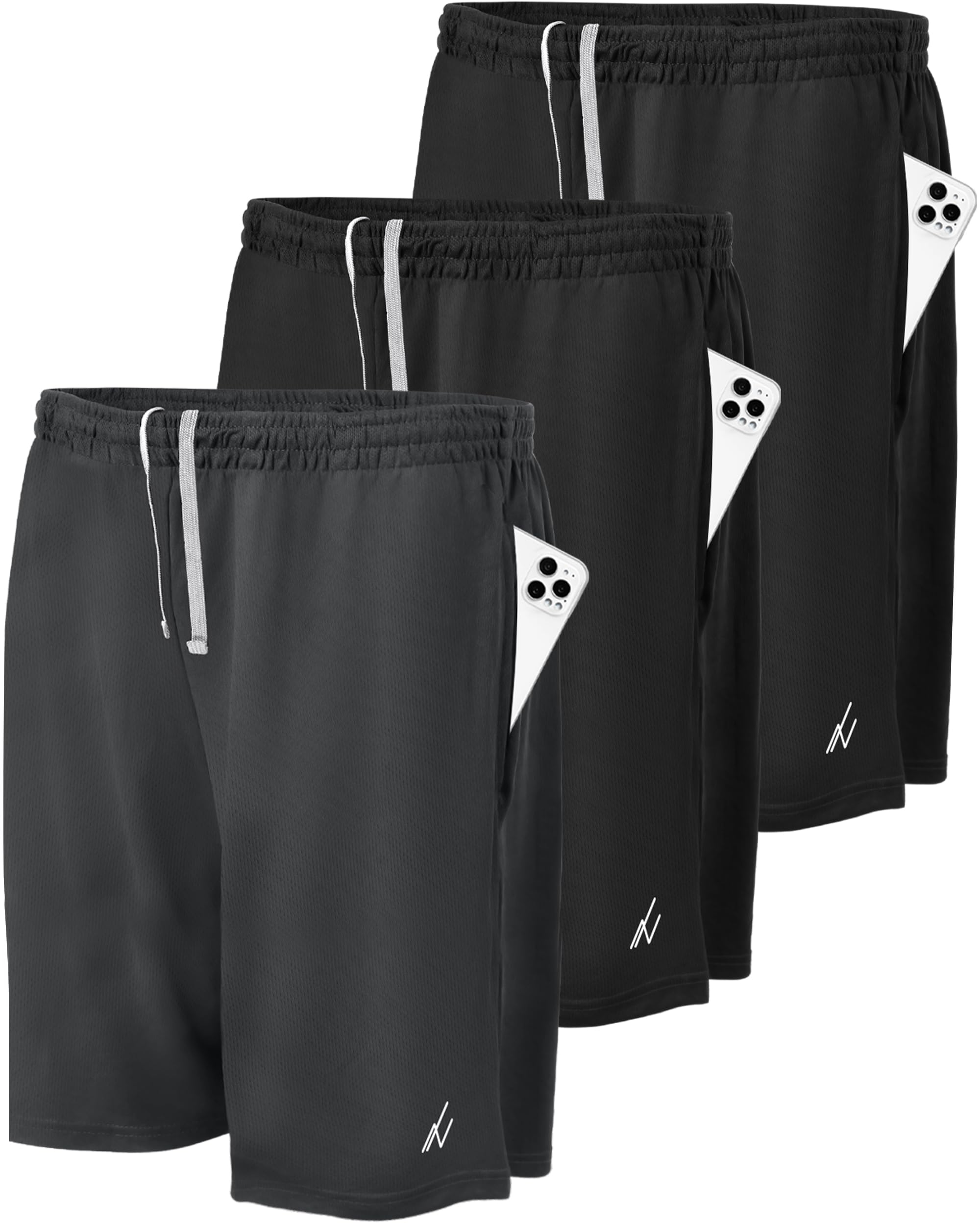 NY Threads 3 Pack Men's Athletic Shorts Quick Dry Lightweight Workout Running Gym Shorts with Pockets, Medium, Black/Black/Dark Grey