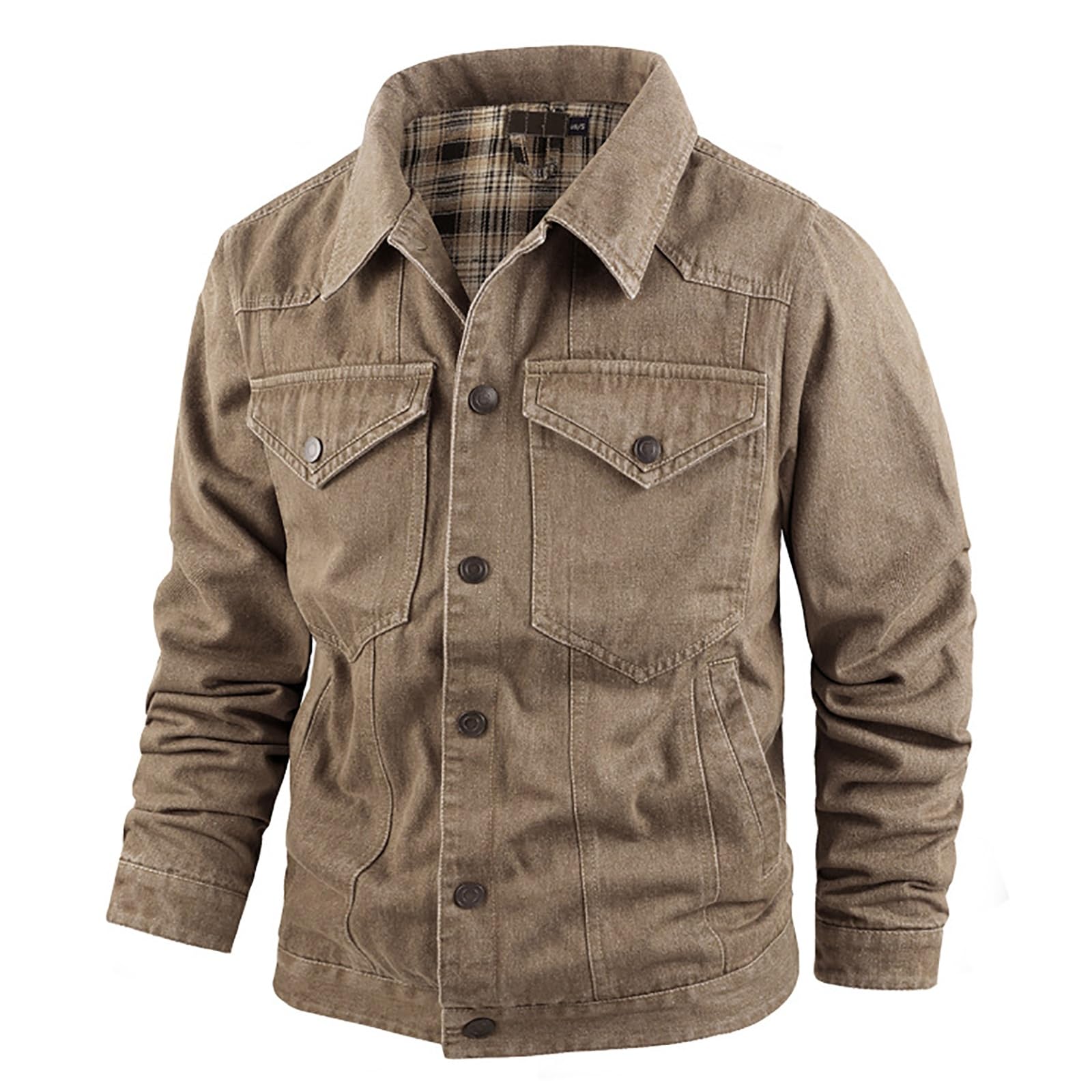 Męska Kurtka Dżinsowa w Kratę z Podszewką Snap Cowboy-Cut Western Classic Slim Fit Vintage Jacket Trucker Coat Brązowa Kurtka Dżinsowa Męska Kurtka z Odkrytymi Klapami z Przodu