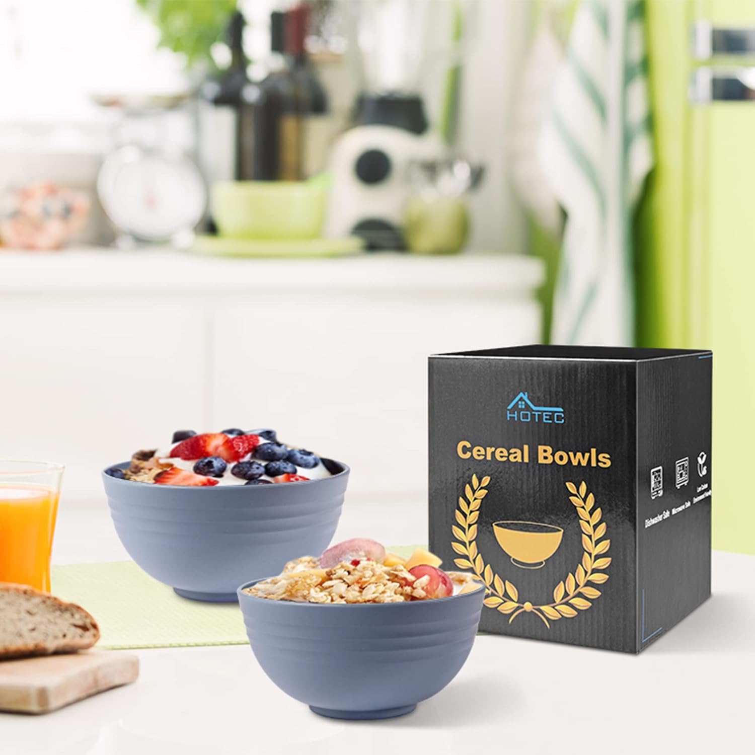 HOTEC BPA Free Unbreakable Wheat Straw Cereal Bowls - Microwave & Dishwasher Safe Soup and Salad Bowls, Set of 8, 26oz, Classic Blue - Image 7