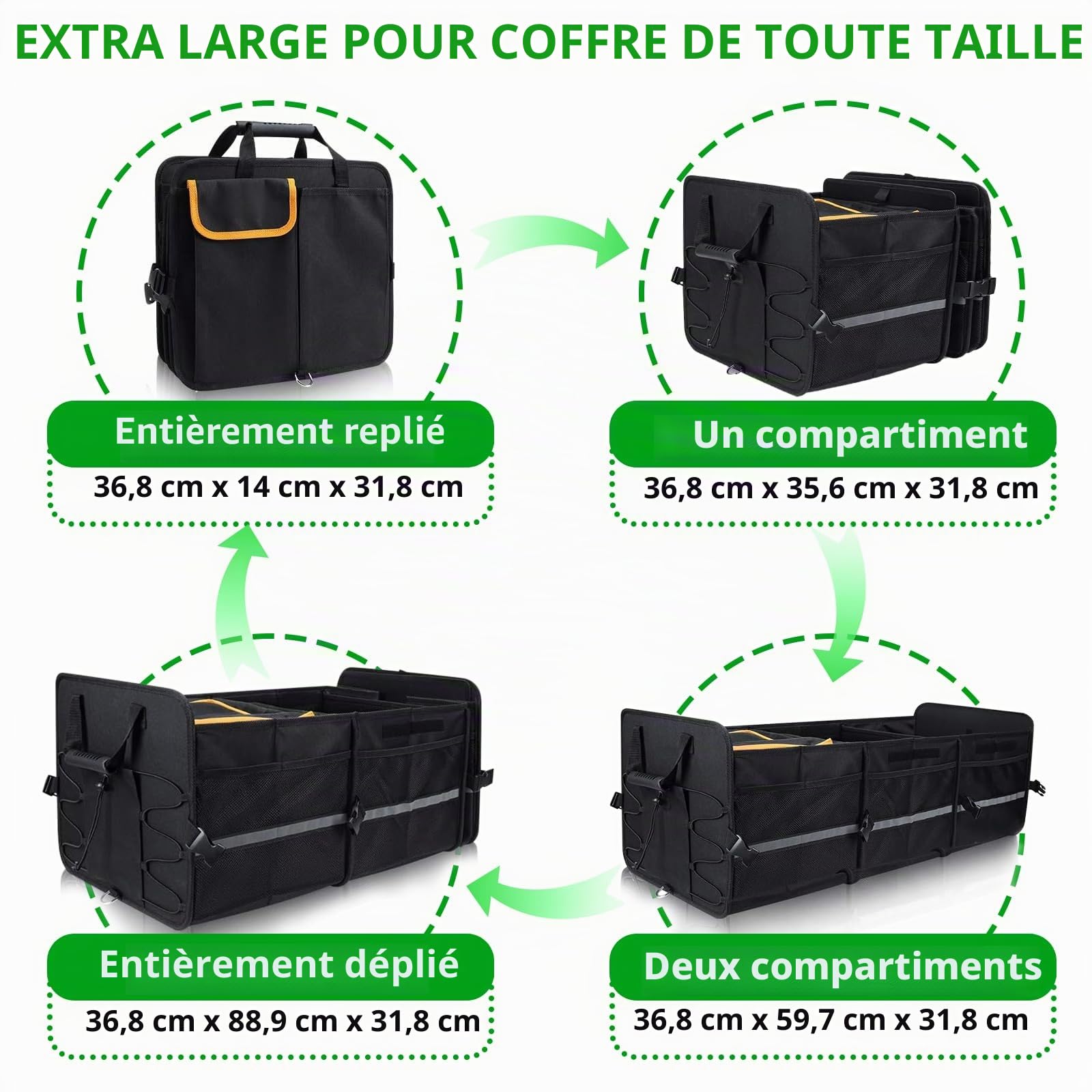 Organiseur de coffre de voiture avec sac isotherme, pliable, avec plusieurs compartiments, organiseur de coffre de voiture, housse pliable, sangles de sécurité réglables