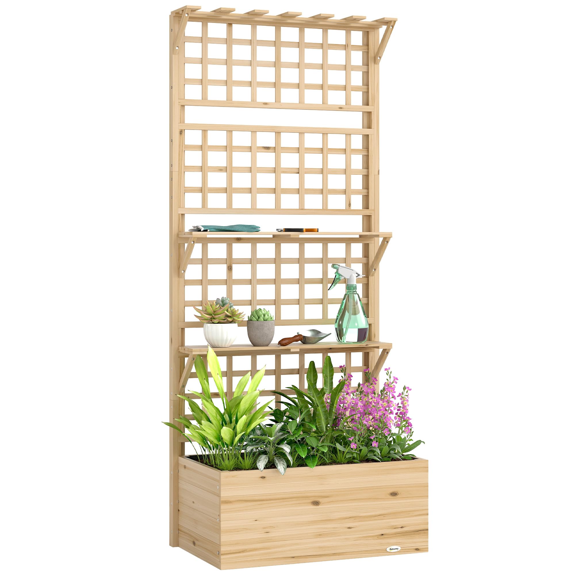 Outsunny Jardinera con Enrejado y Techo de Madera, Jardinera Exterior Grande para Plantas Trepadoras, con 2 Estantes, Drenaje y Forro, Macetero Elevado para Patio, Terraza, 76x43,5x177 cm, Natural